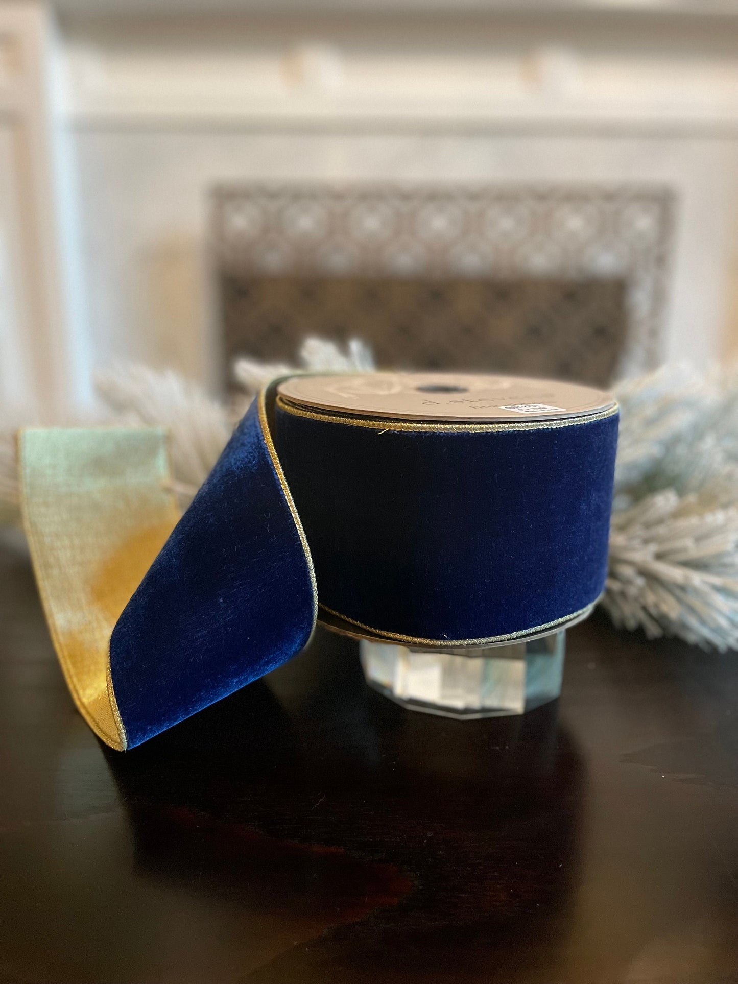 Designer lush velvet sapphire, light gold back ribbon. 4”x 10 yards. Wired. D. Stevens.