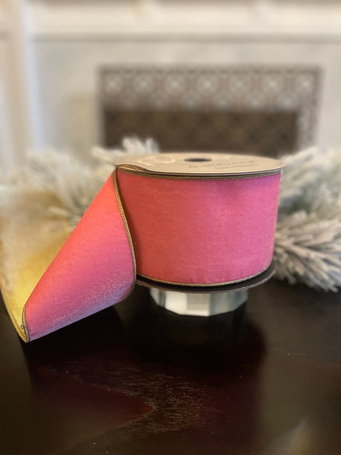 Designer lush velvet pink lemonade and light gold back ribbon. 4”x 10 yards. Wired. D Stevens.