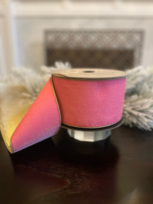 Designer lush velvet pink lemonade and light gold back ribbon. 4”x 10 yards. Wired. D Stevens.