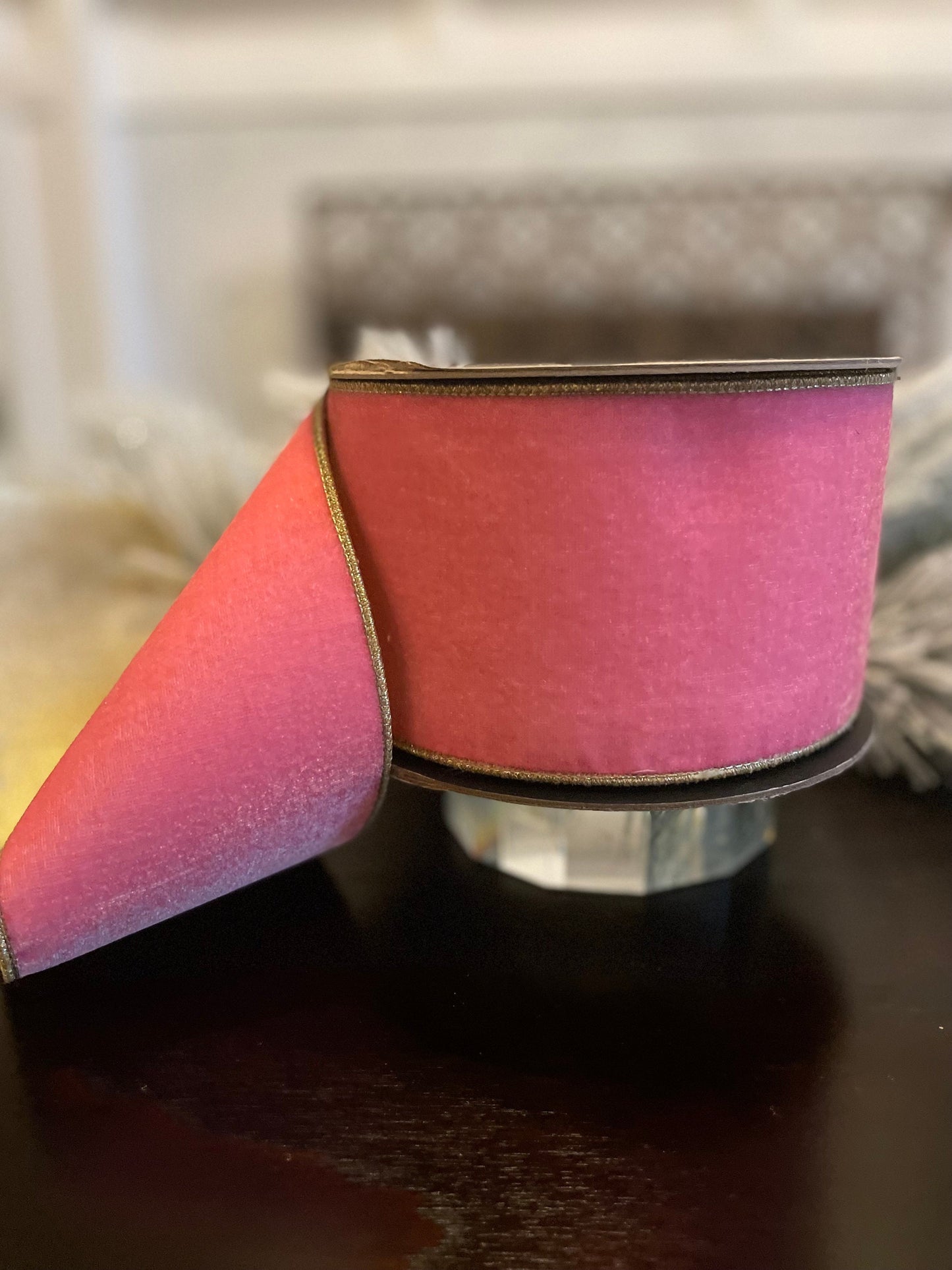 Designer lush velvet pink lemonade and light gold back ribbon. 4”x 10 yards. Wired. D Stevens.