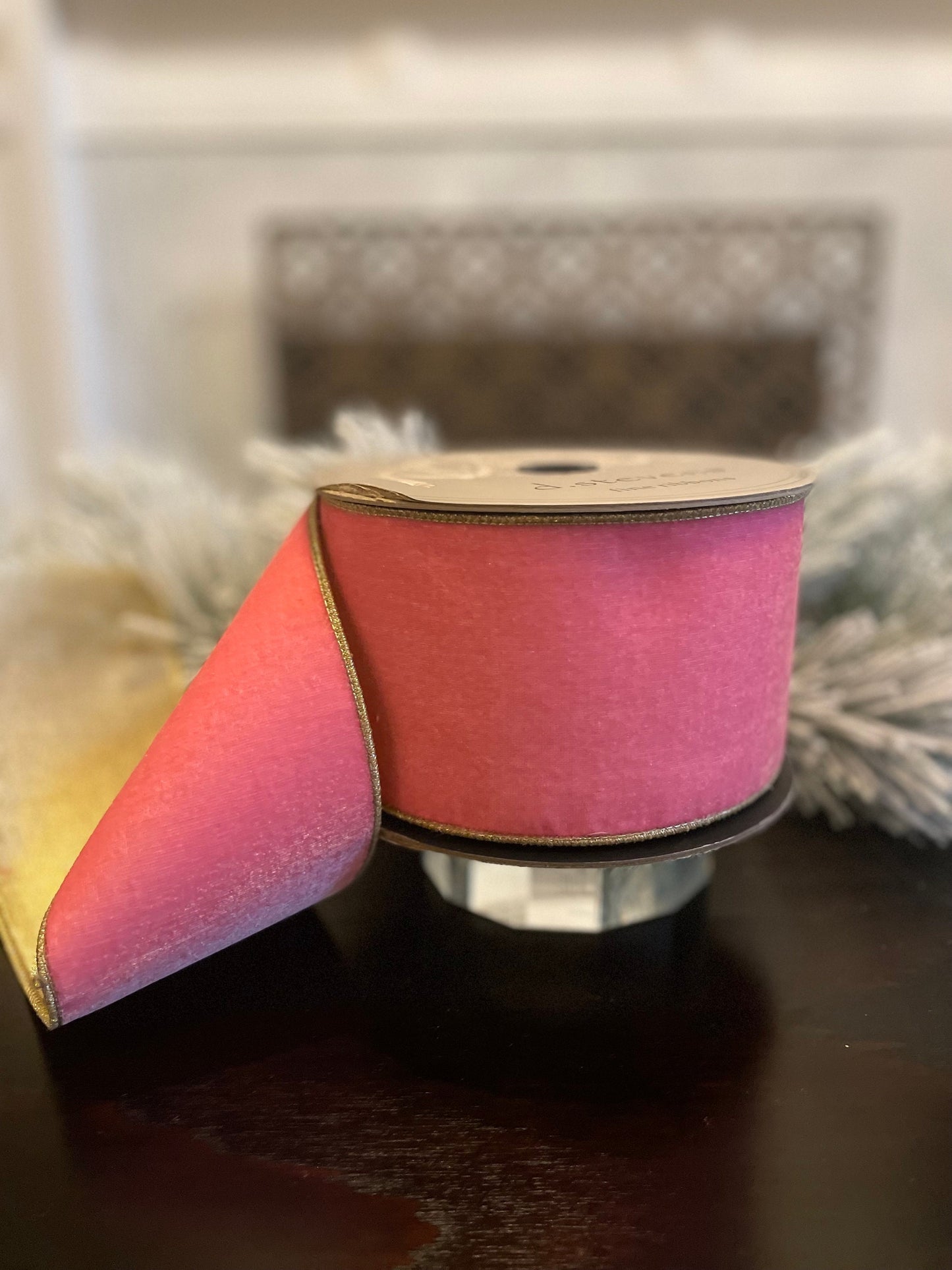 Designer lush velvet pink lemonade and light gold back ribbon. 4”x 10 yards. Wired. D Stevens.