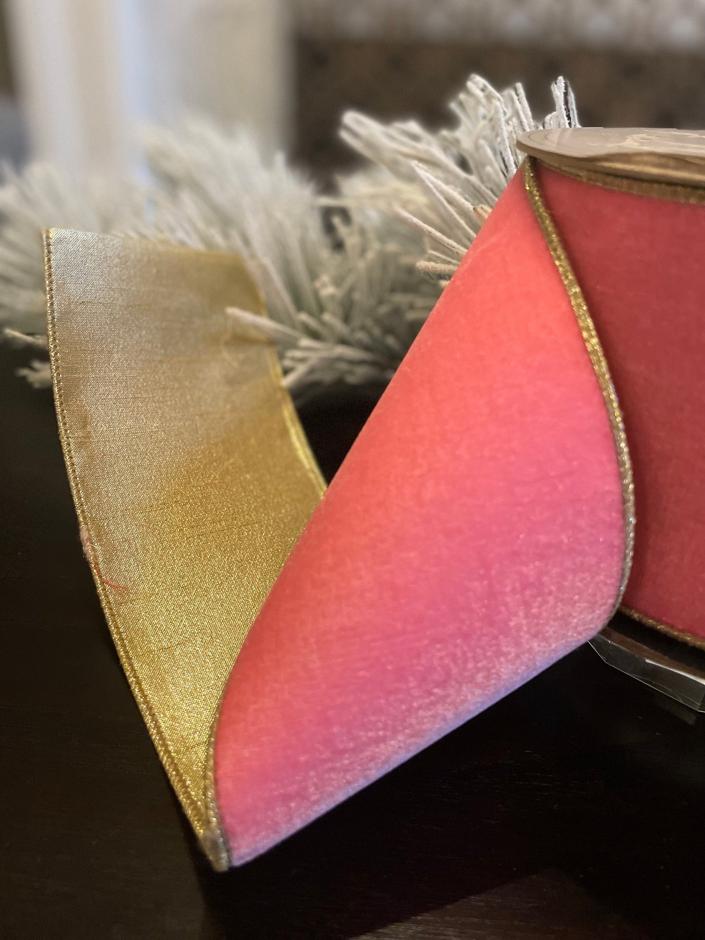 Designer lush velvet pink lemonade and light gold back ribbon. 4”x 10 yards. Wired. D Stevens.