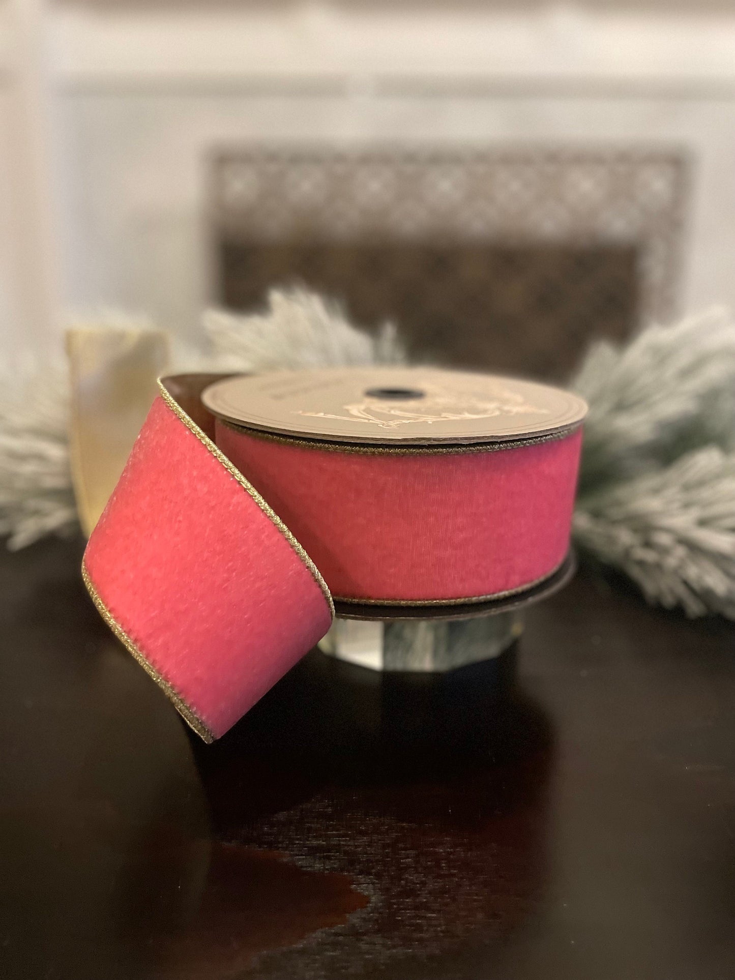 2.5" x10 yds Designer velvet pink lemonade ribbon. Light gold back. D. Stevens. Wired.