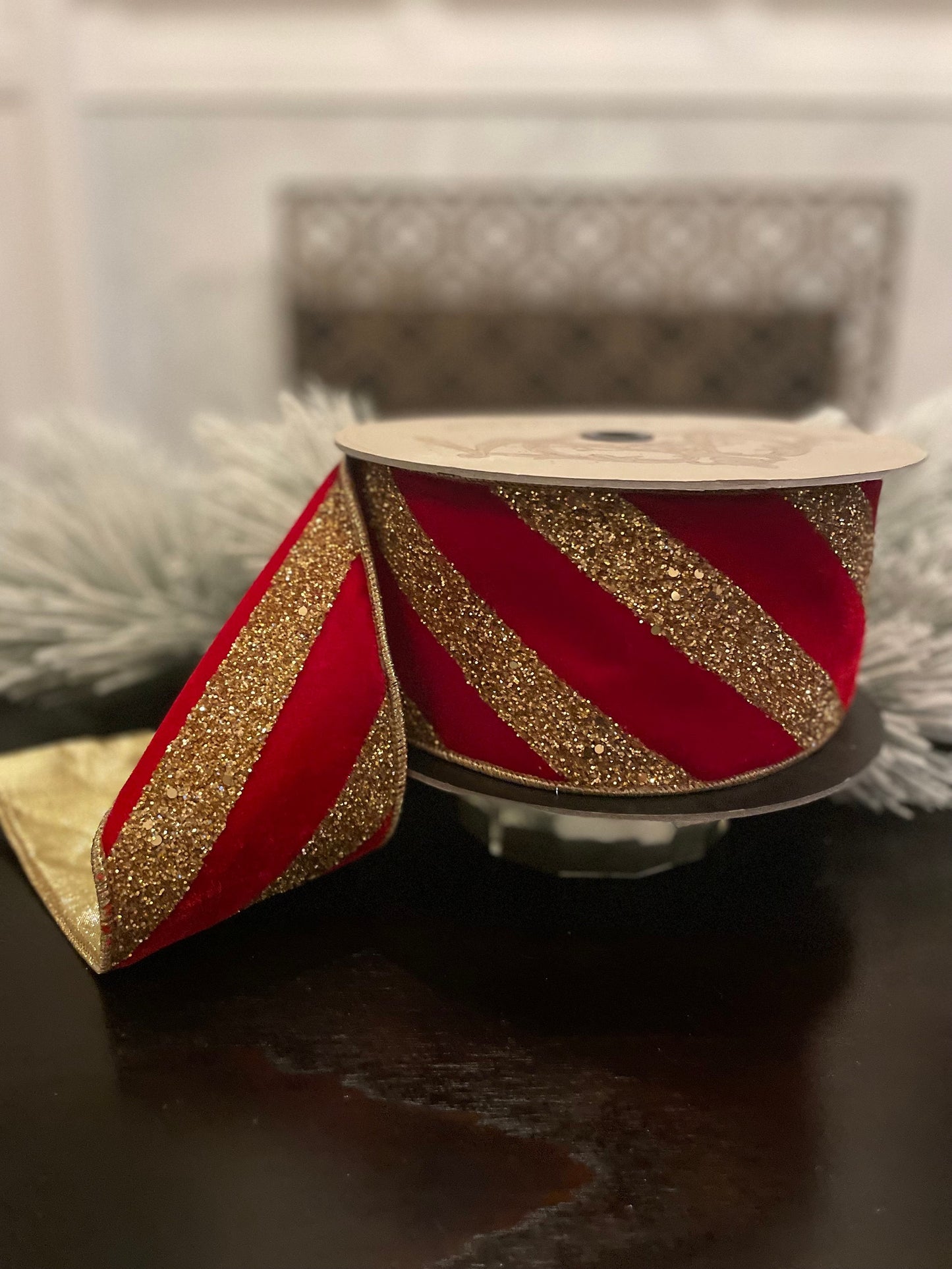 4" x 10yds red velvet and gold glitter diagonal striper. D. Stevens. Wired.