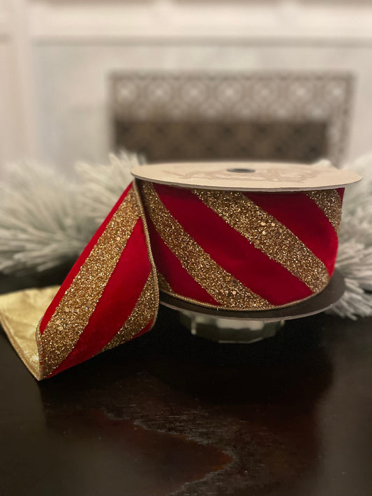 4" x 10yds red velvet and gold glitter diagonal striper. D. Stevens. Wired.