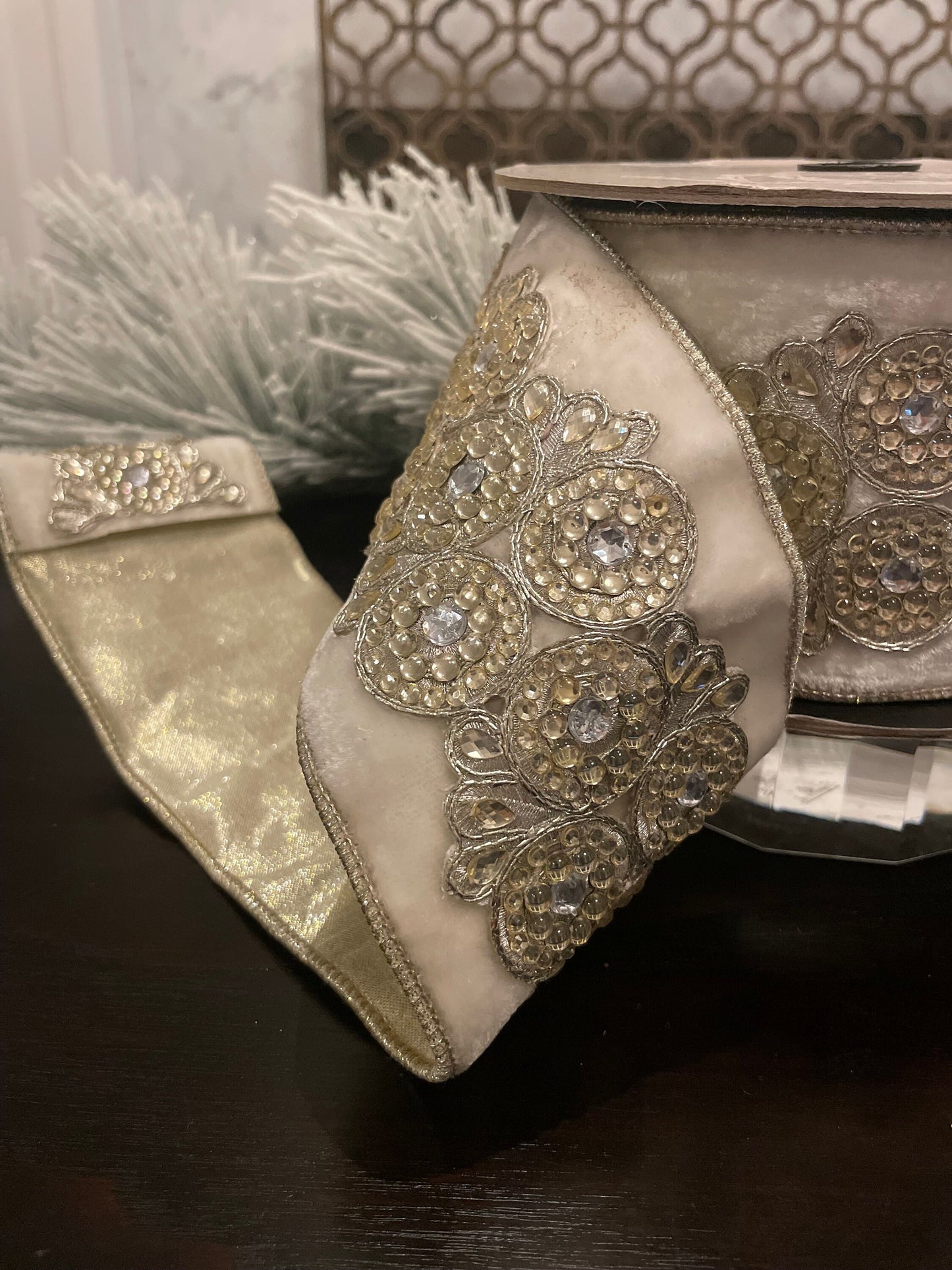 Designer velvet winter white circular clear jewel trim metallic back ribbon. 4”x 5 yards. Wired. D. Stevens.