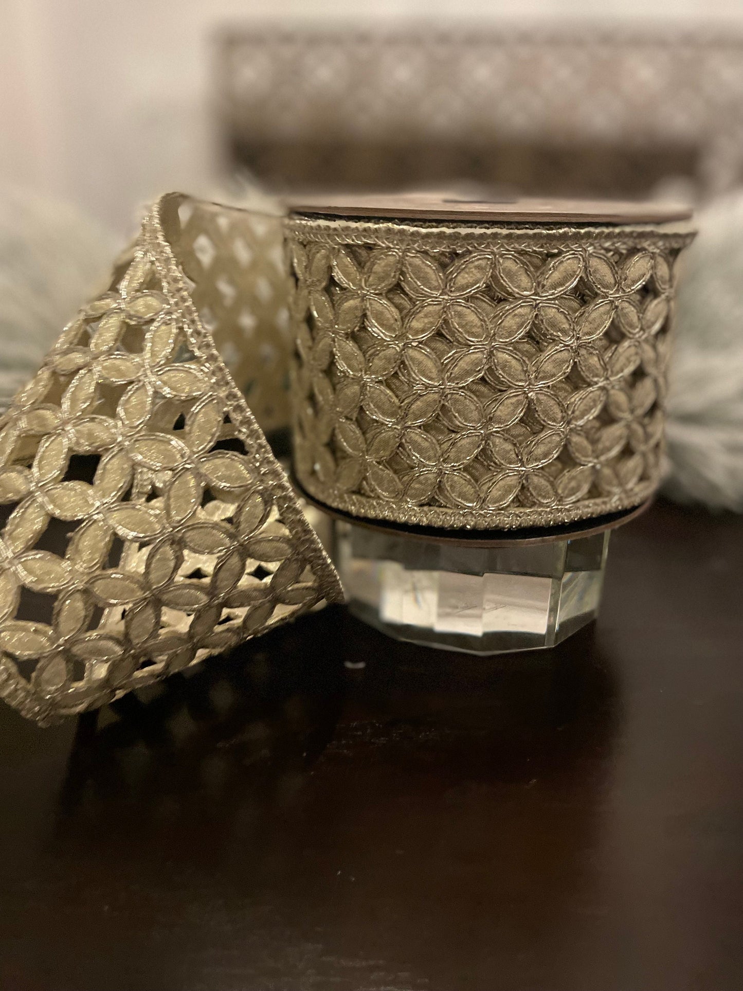 Designer platinum metallic floral ribbon. 4”x 10 yards. Wired. D. Stevens.