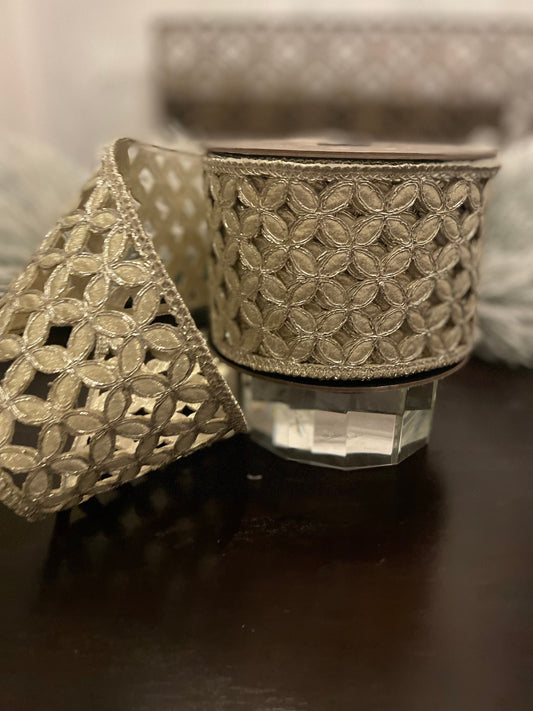 Designer platinum metallic floral ribbon. 4”x 10 yards. Wired. D. Stevens.
