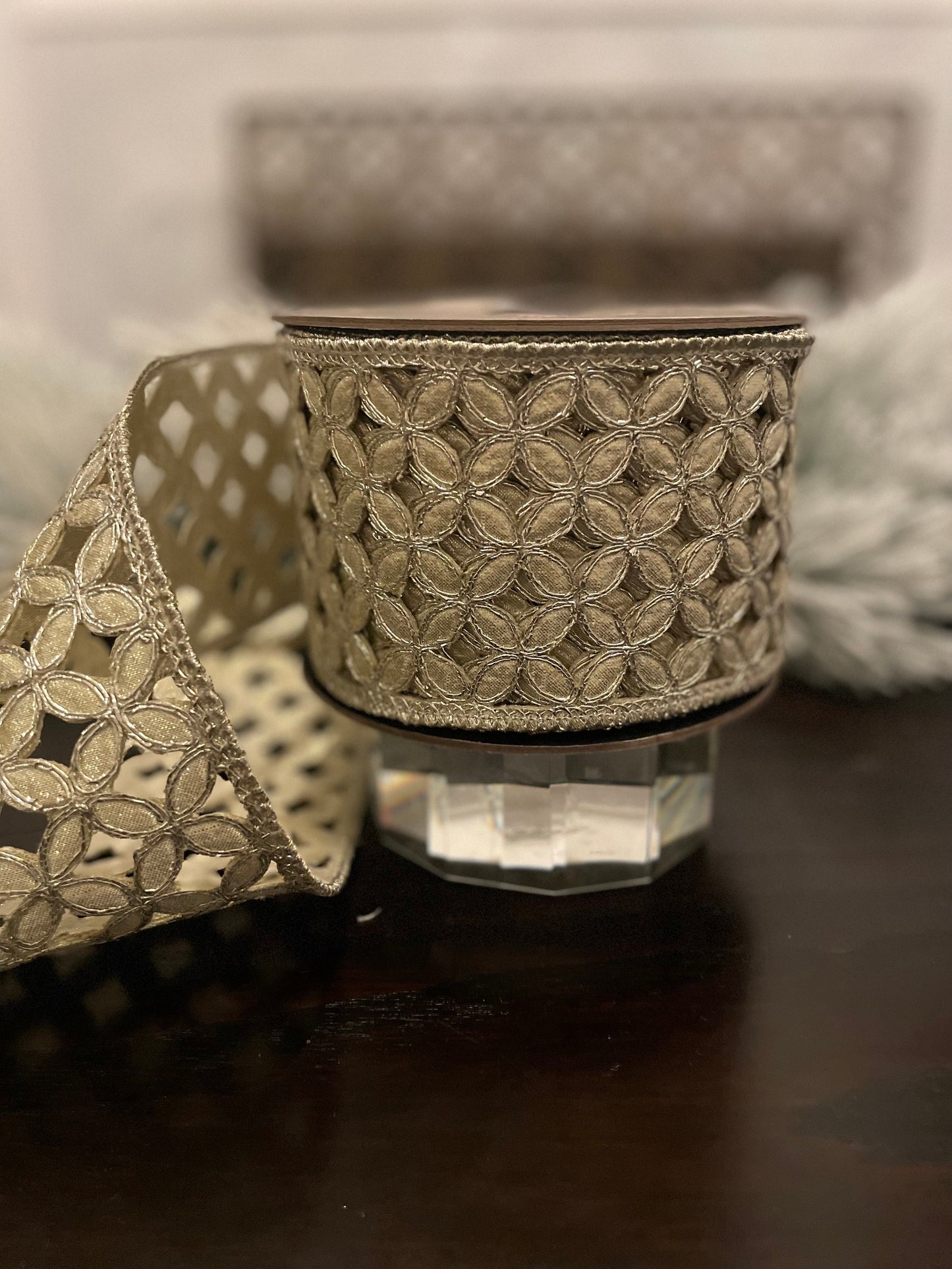 Designer platinum metallic floral ribbon. 4”x 10 yards. Wired. D. Stevens.