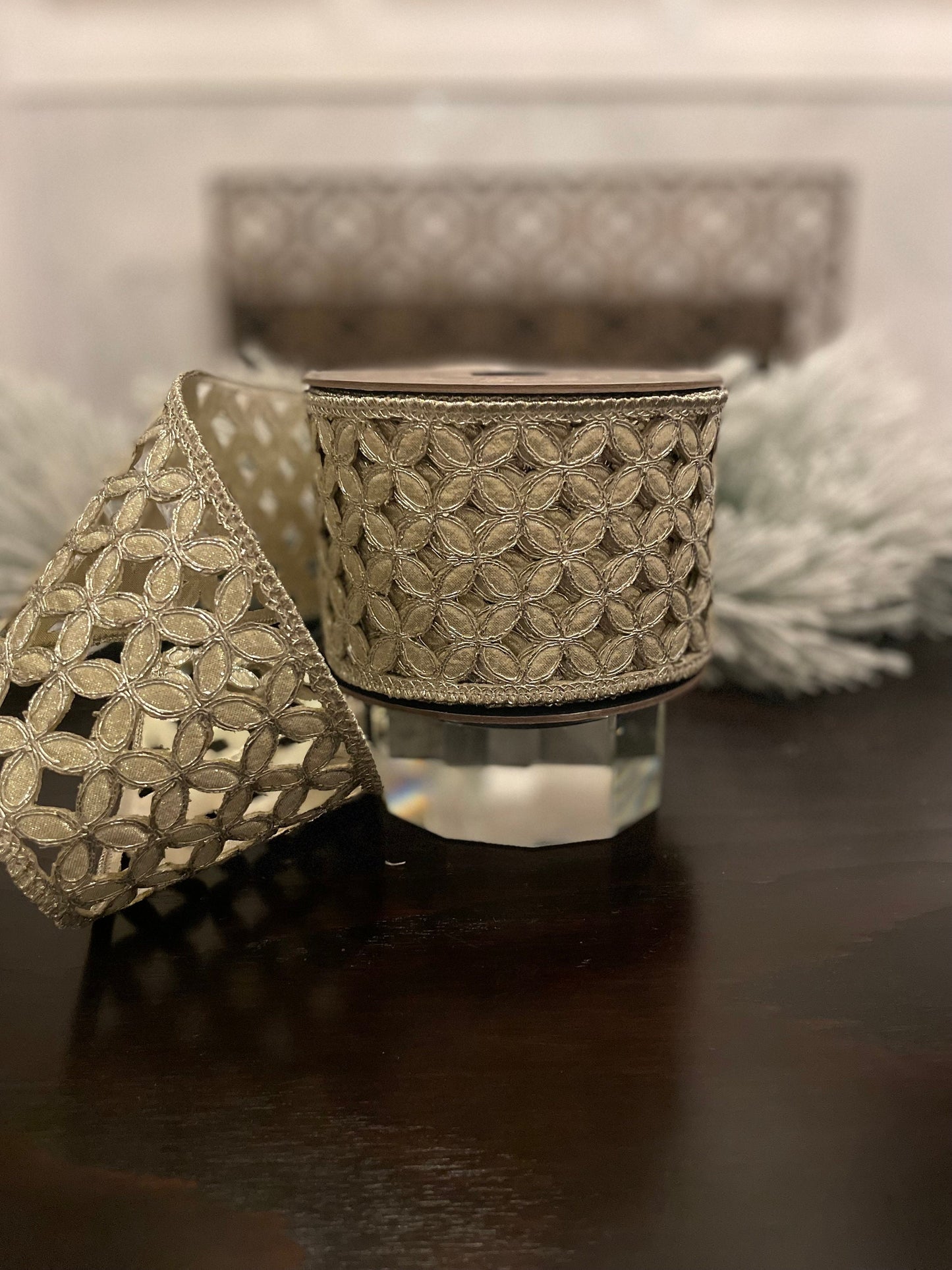 Designer platinum metallic floral ribbon. 4”x 10 yards. Wired. D. Stevens.