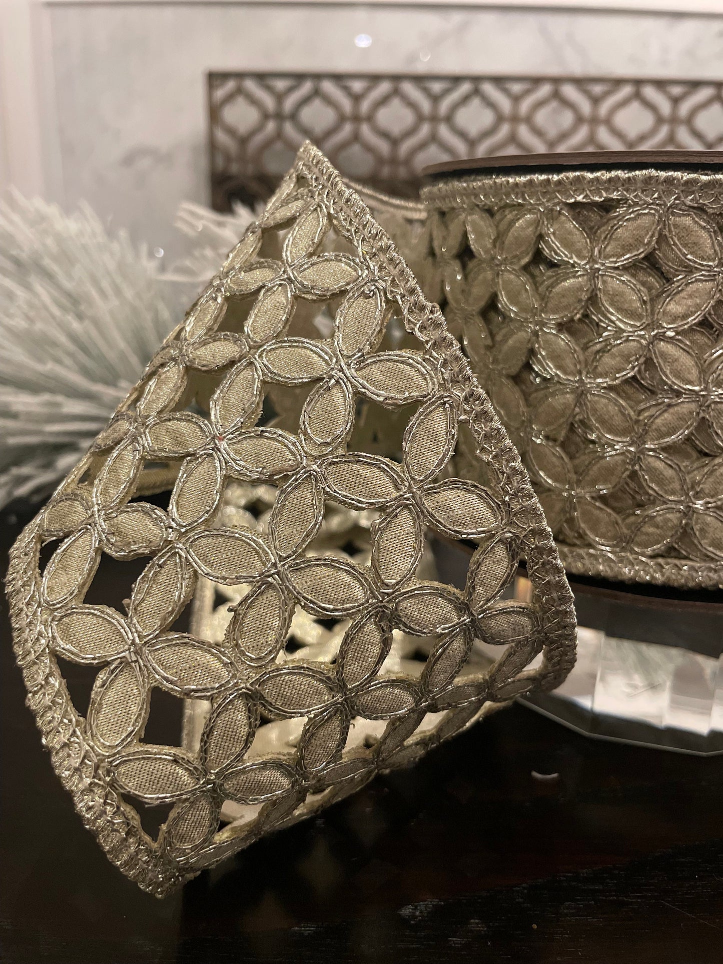 Designer platinum metallic floral ribbon. 4”x 10 yards. Wired. D. Stevens.