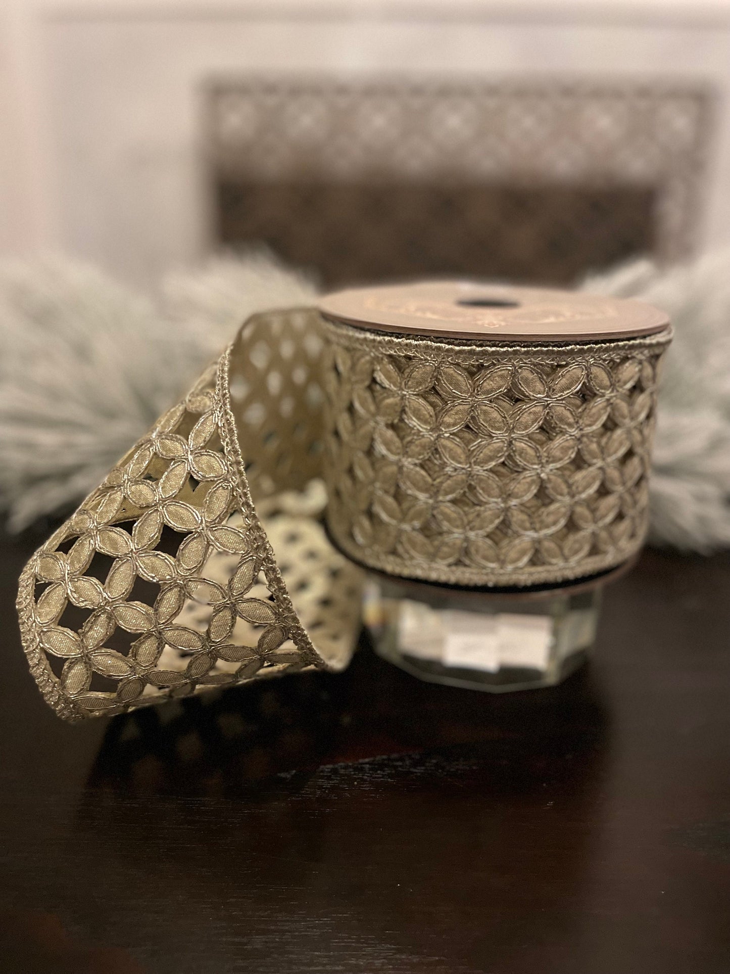 Designer platinum metallic floral ribbon. 4”x 10 yards. Wired. D. Stevens.