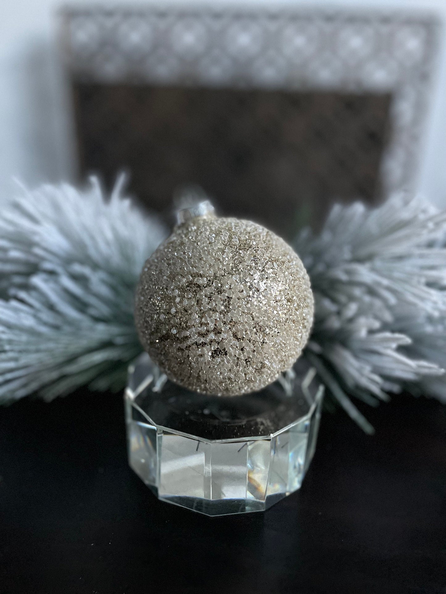 Set of 3. 4" glass beaded ball ornament. Platinum.