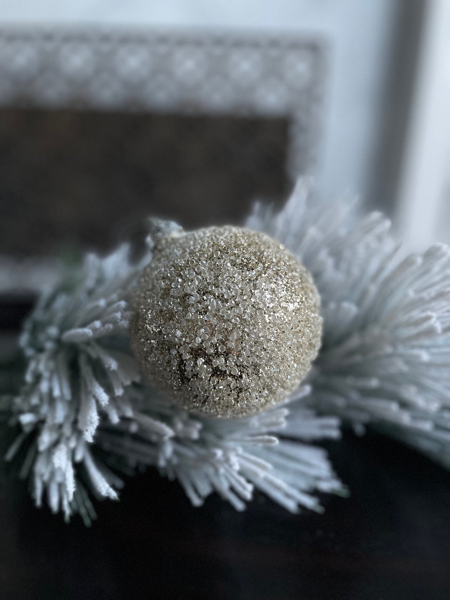 Set of 3. 4" glass beaded ball ornament. Platinum.