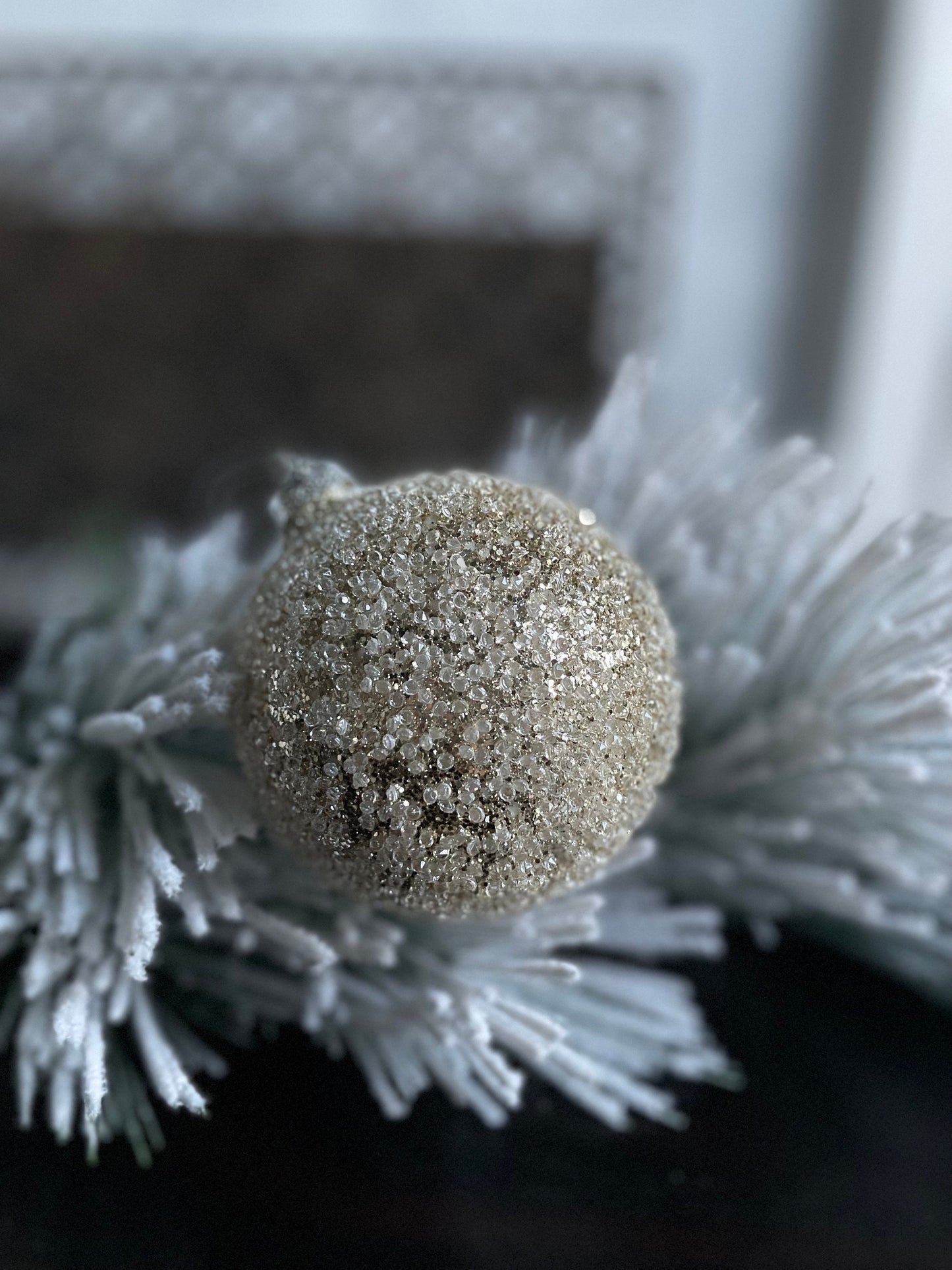 Set of 3. 4" glass beaded ball ornament. Platinum.