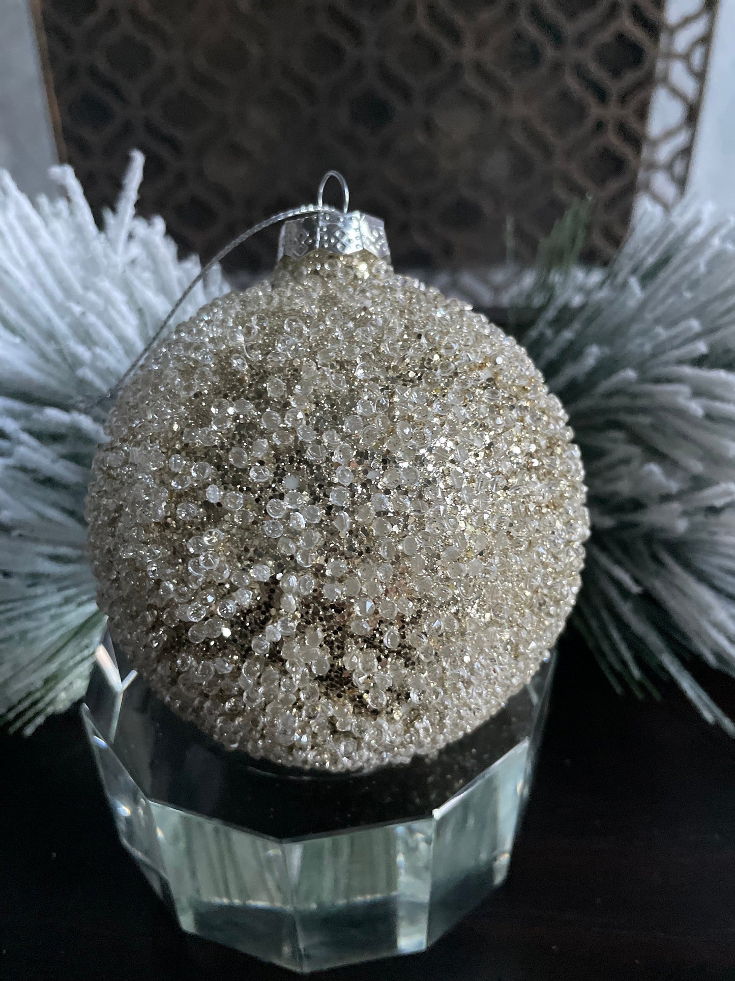 Set of 3. 4" glass beaded ball ornament. Platinum.
