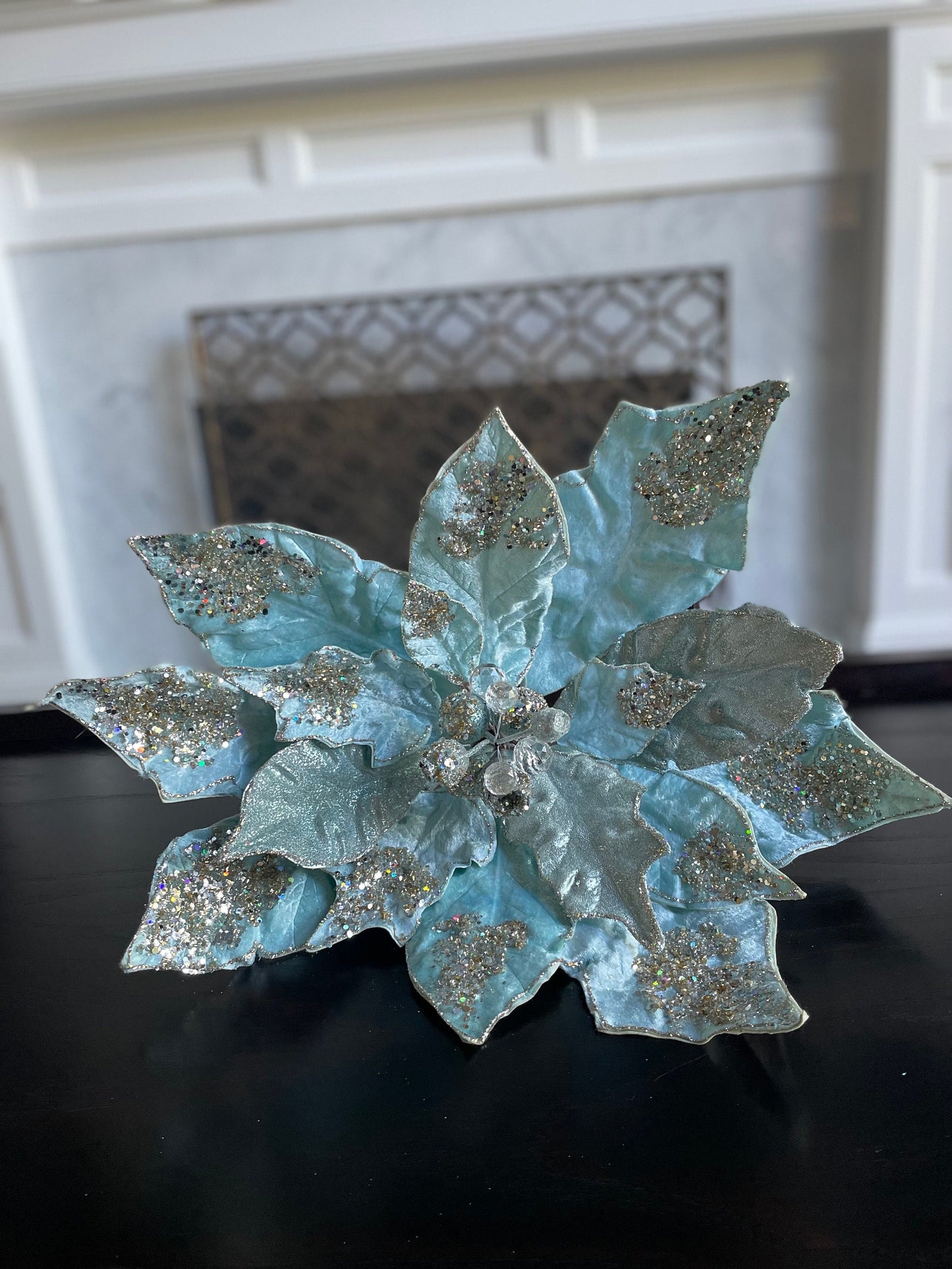22”Extra large Poinsettia soft blue, glitter and beaded 22” tip to tip