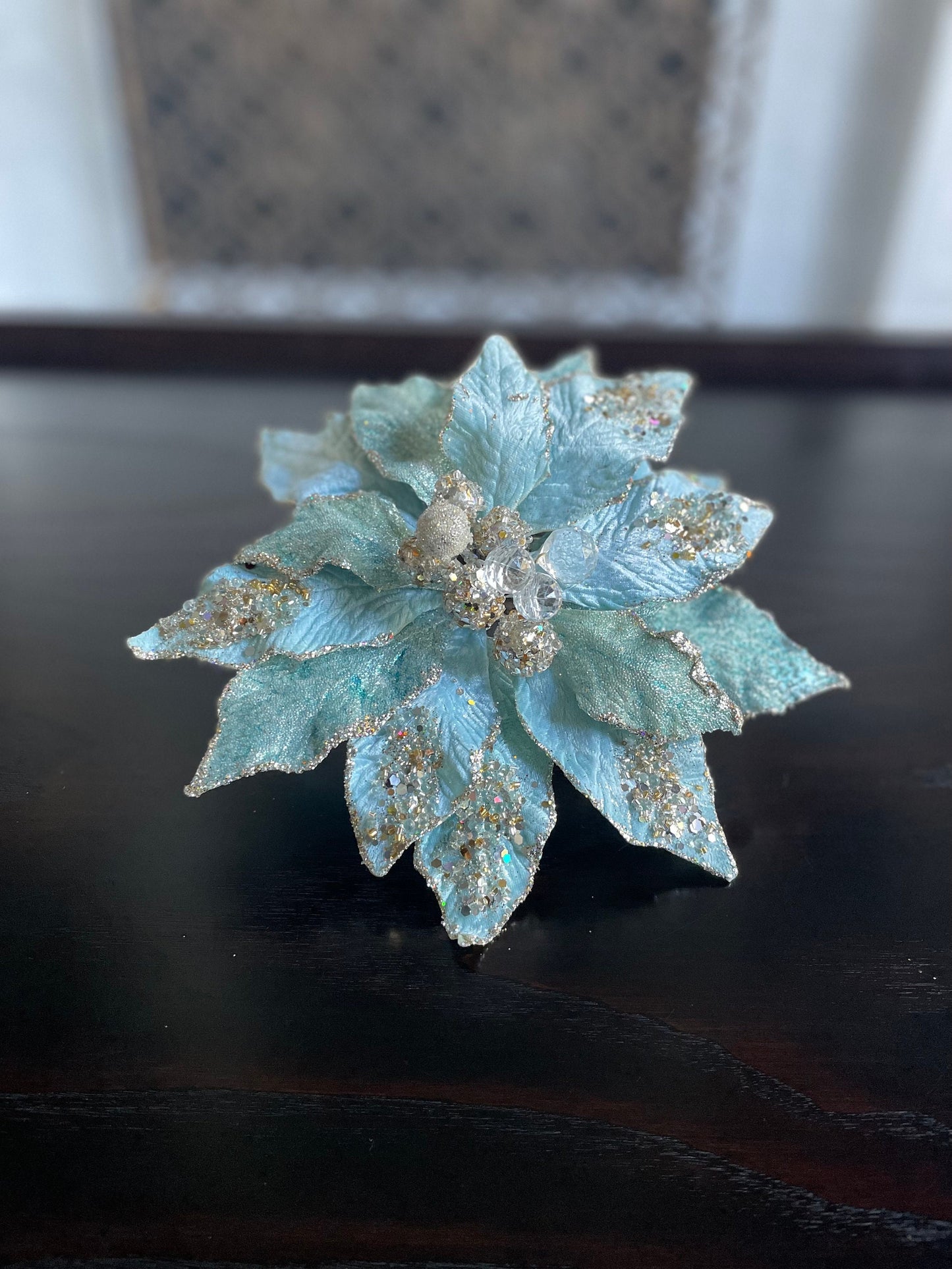 9.5” Poinsettia with clip soft blue, glitter and beaded 9.5” tip to tip.