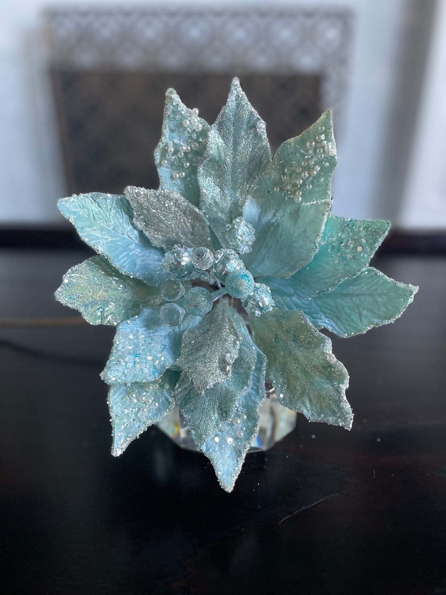 10.5” Poinsettia stem snow sky blue, pearls and beaded 10.5” tip to tip