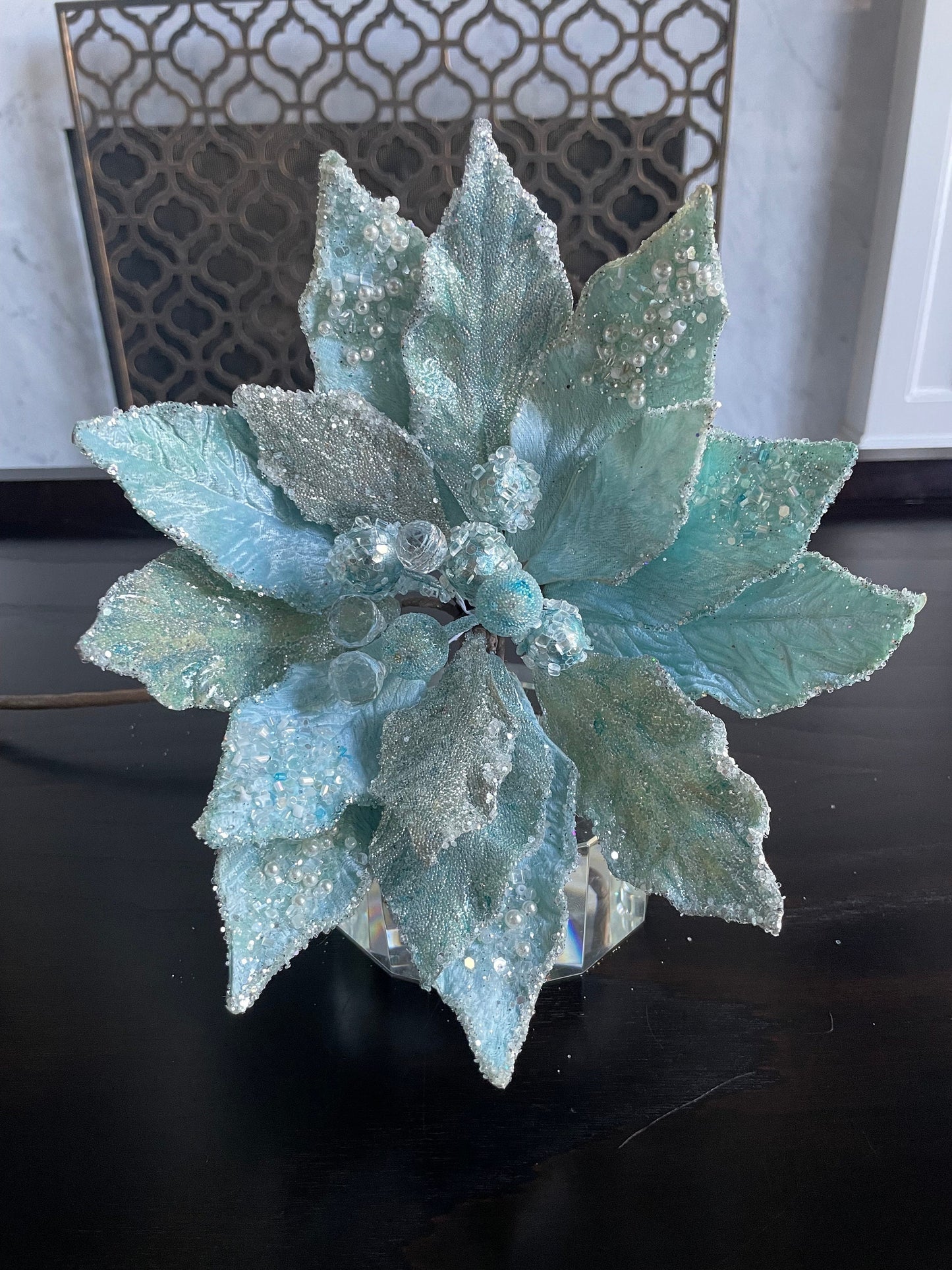 10.5” Poinsettia stem snow sky blue, pearls and beaded 10.5” tip to tip
