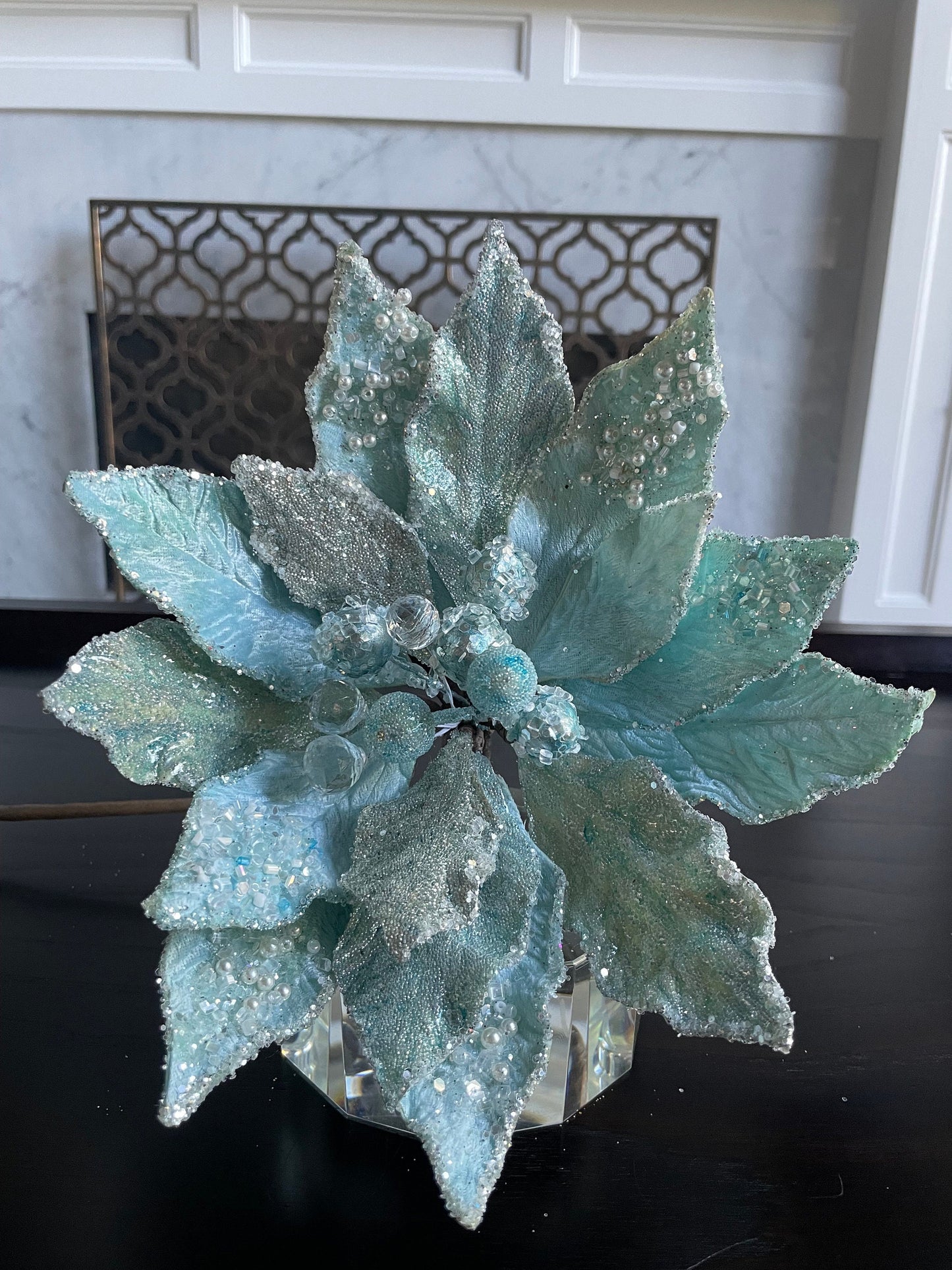 10.5” Poinsettia stem snow sky blue, pearls and beaded 10.5” tip to tip