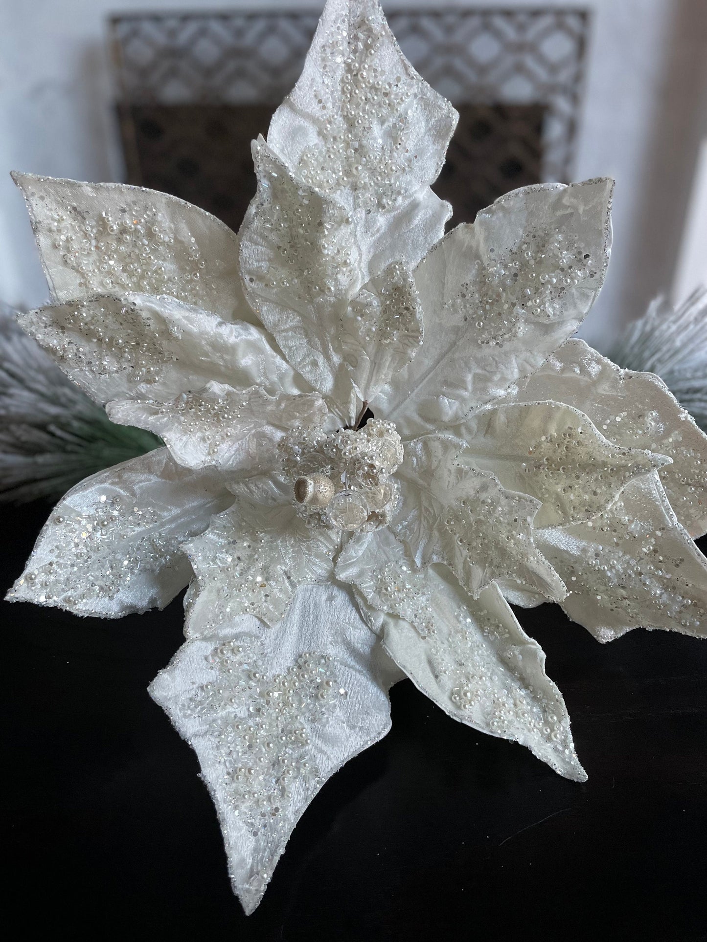 22” Poinsettia pick pearl, soft white, pearls and sequins 22” tip to tip.