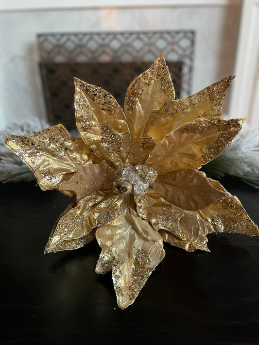21”Extra large Poinsettia gold beaded and glitter. 21”tip to tip. Stem.