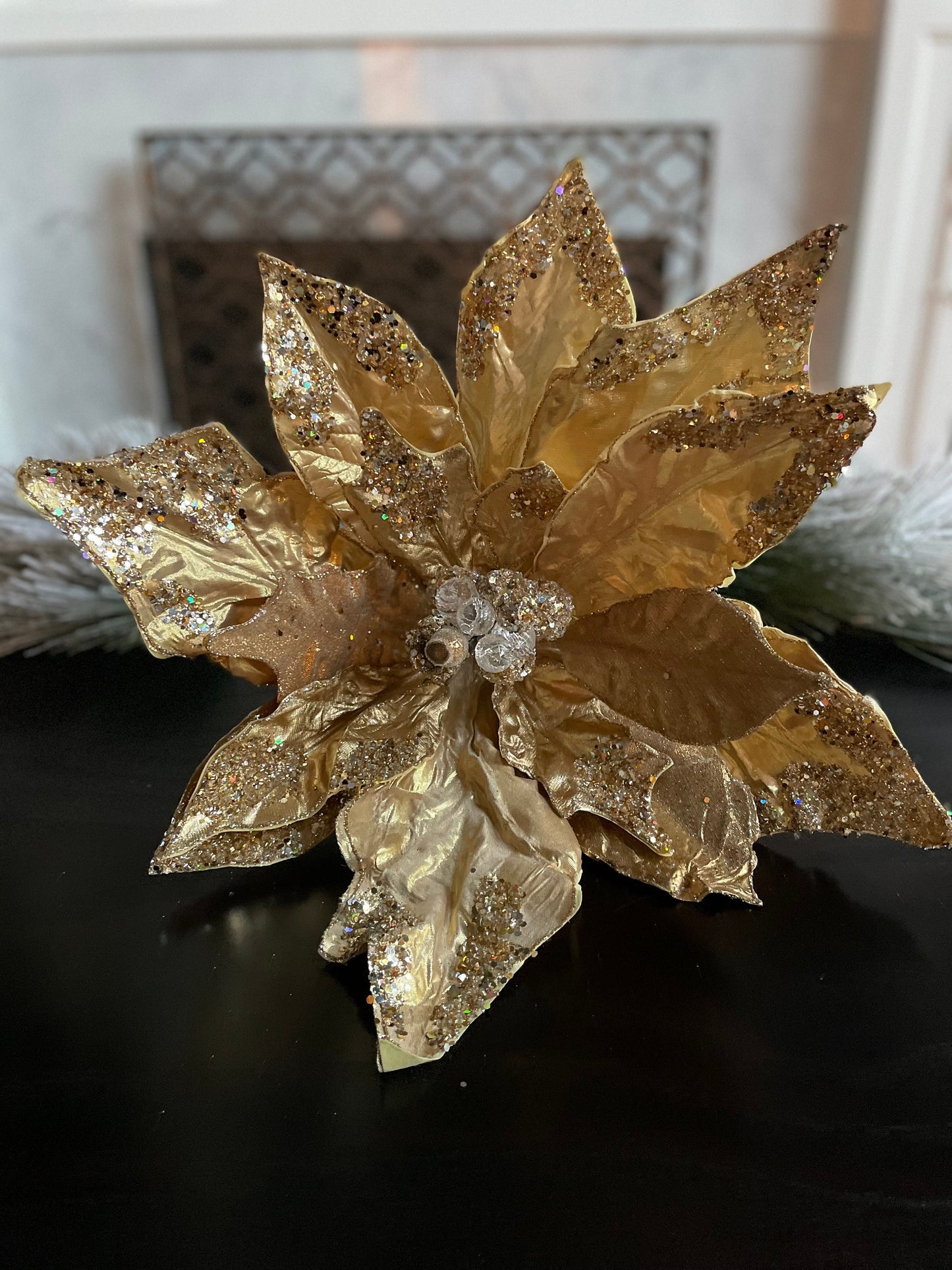 21”Extra large Poinsettia gold beaded and glitter. 21”tip to tip. Stem.