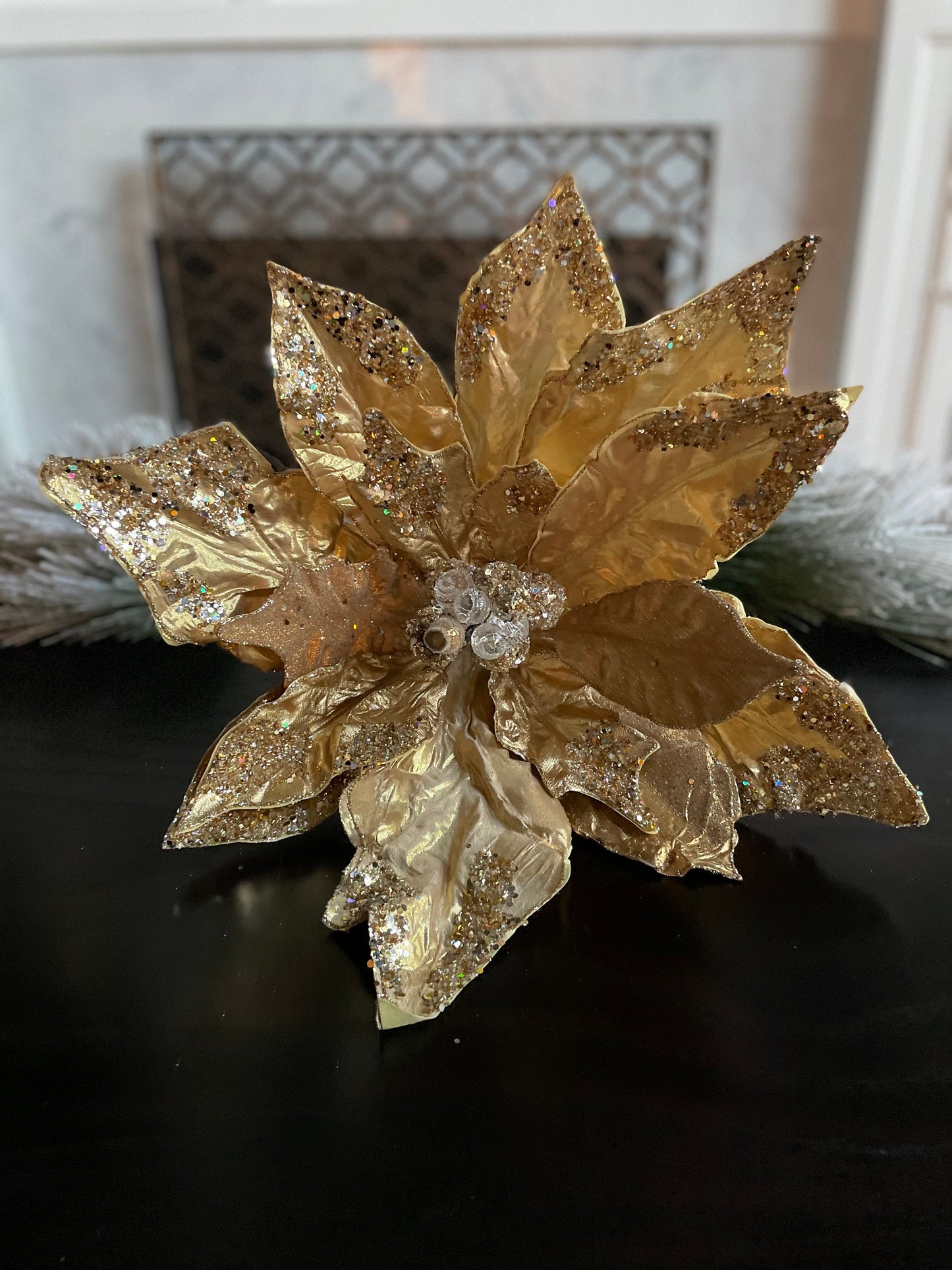 21”Extra large Poinsettia gold beaded and glitter. 21”tip to tip. Stem.