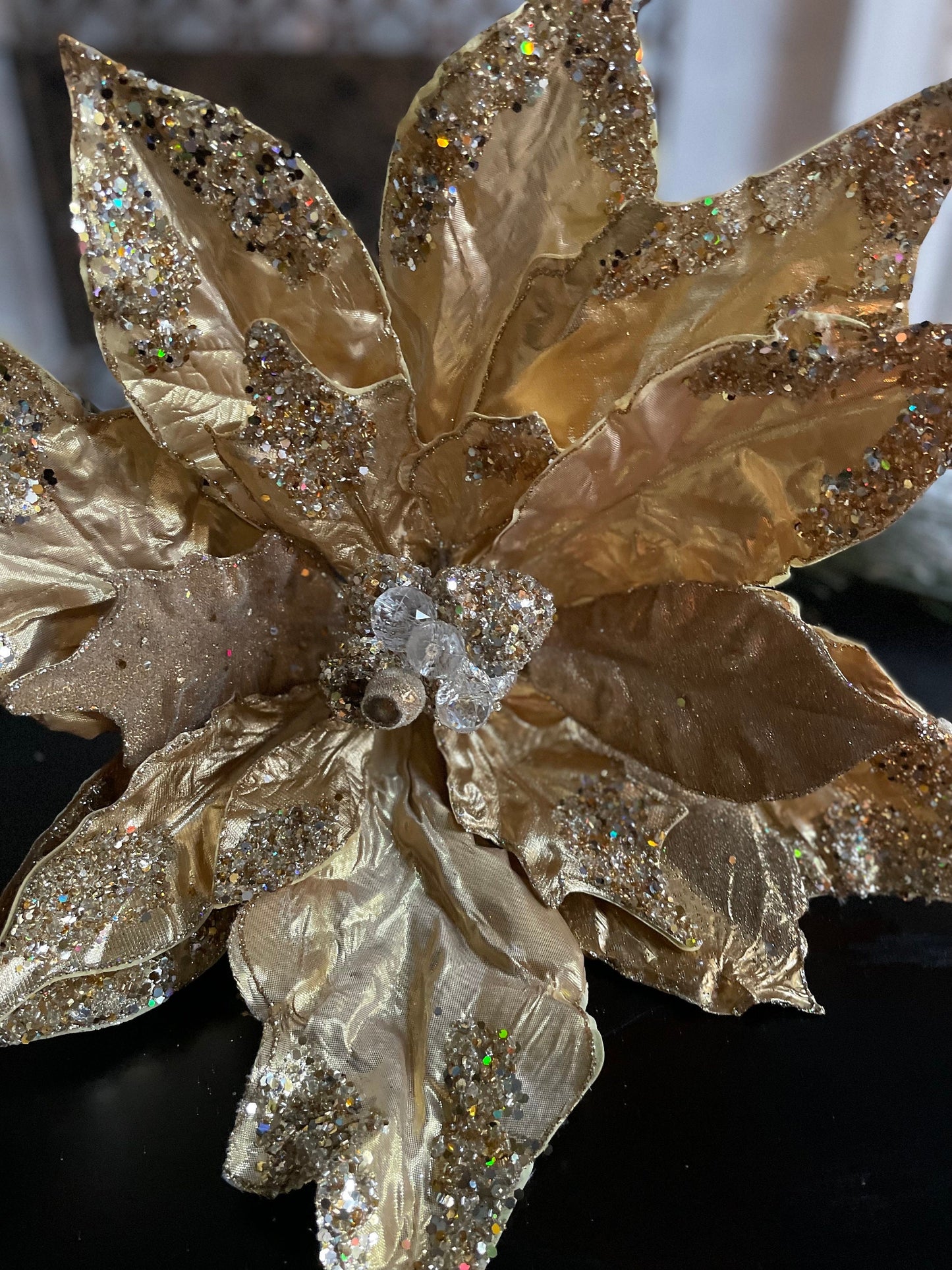 21”Extra large Poinsettia gold beaded and glitter. 21”tip to tip. Stem.