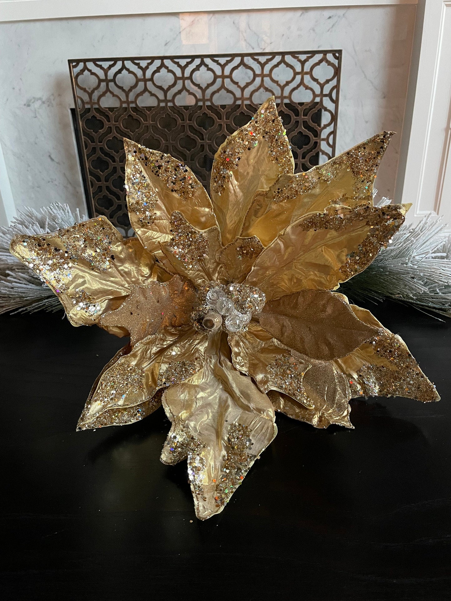 21”Extra large Poinsettia gold beaded and glitter. 21”tip to tip. Stem.