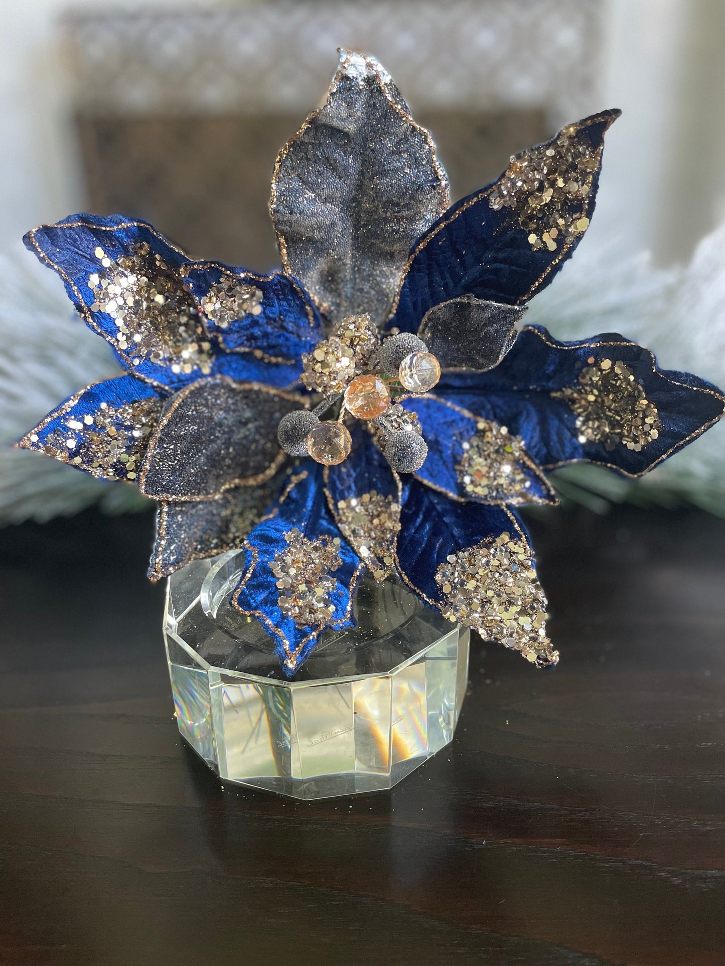 10” Poinsettia stem sapphire and rose gold glitter and beaded. 10” tip to tip.