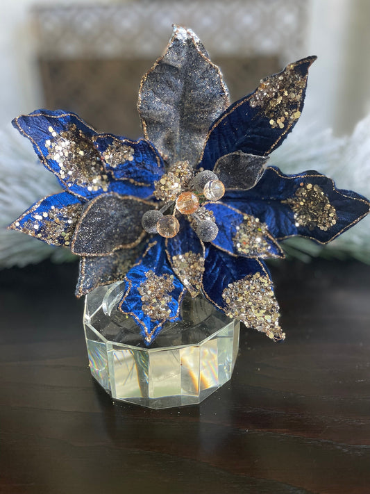 10” Poinsettia stem sapphire and rose gold glitter and beaded. 10” tip to tip.