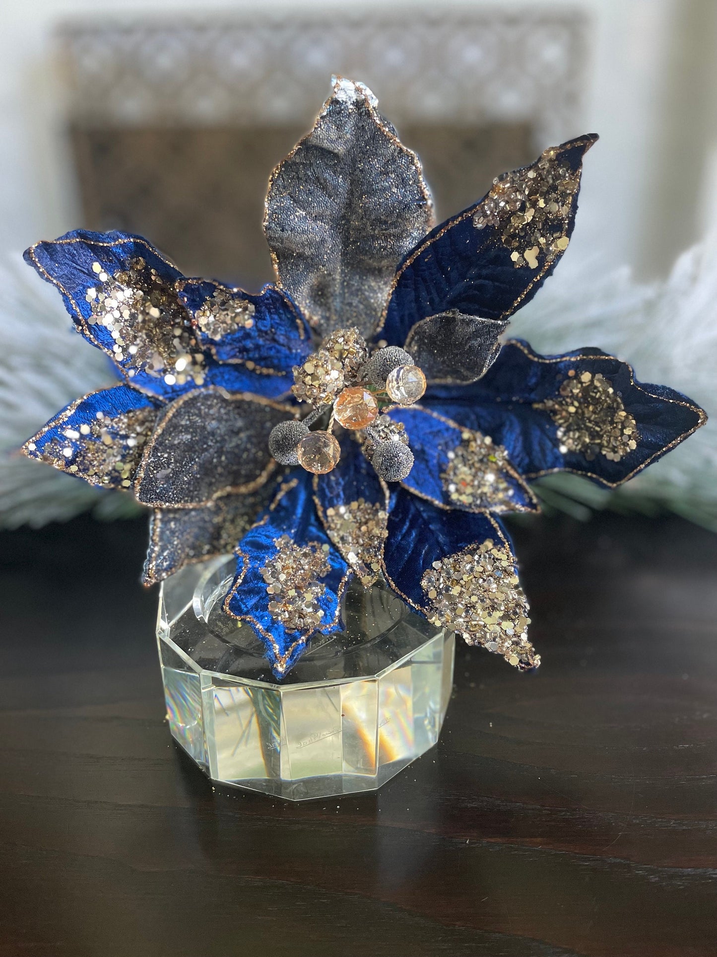10” Poinsettia stem sapphire and rose gold glitter and beaded. 10” tip to tip.