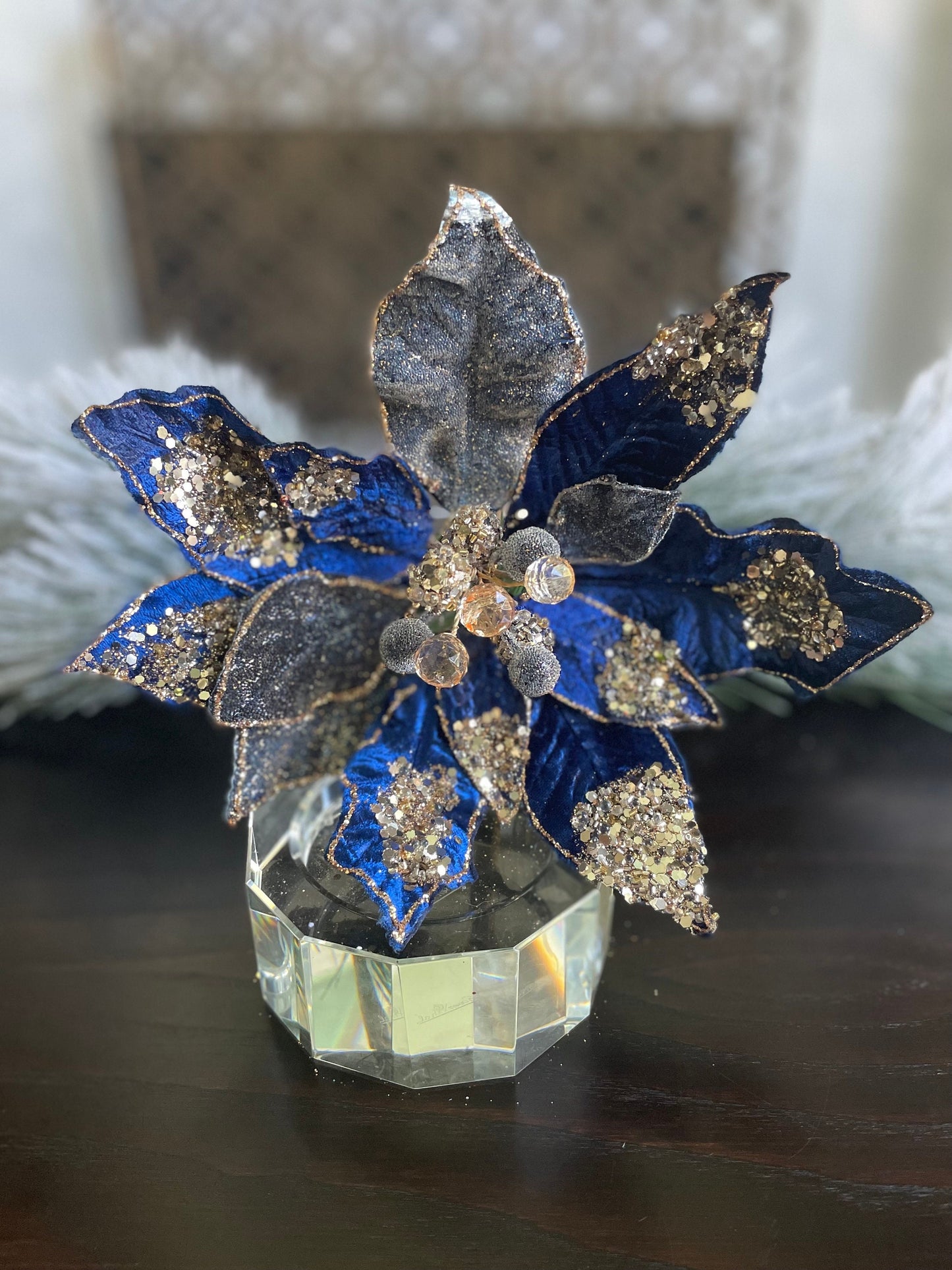 10” Poinsettia stem sapphire and rose gold glitter and beaded. 10” tip to tip.
