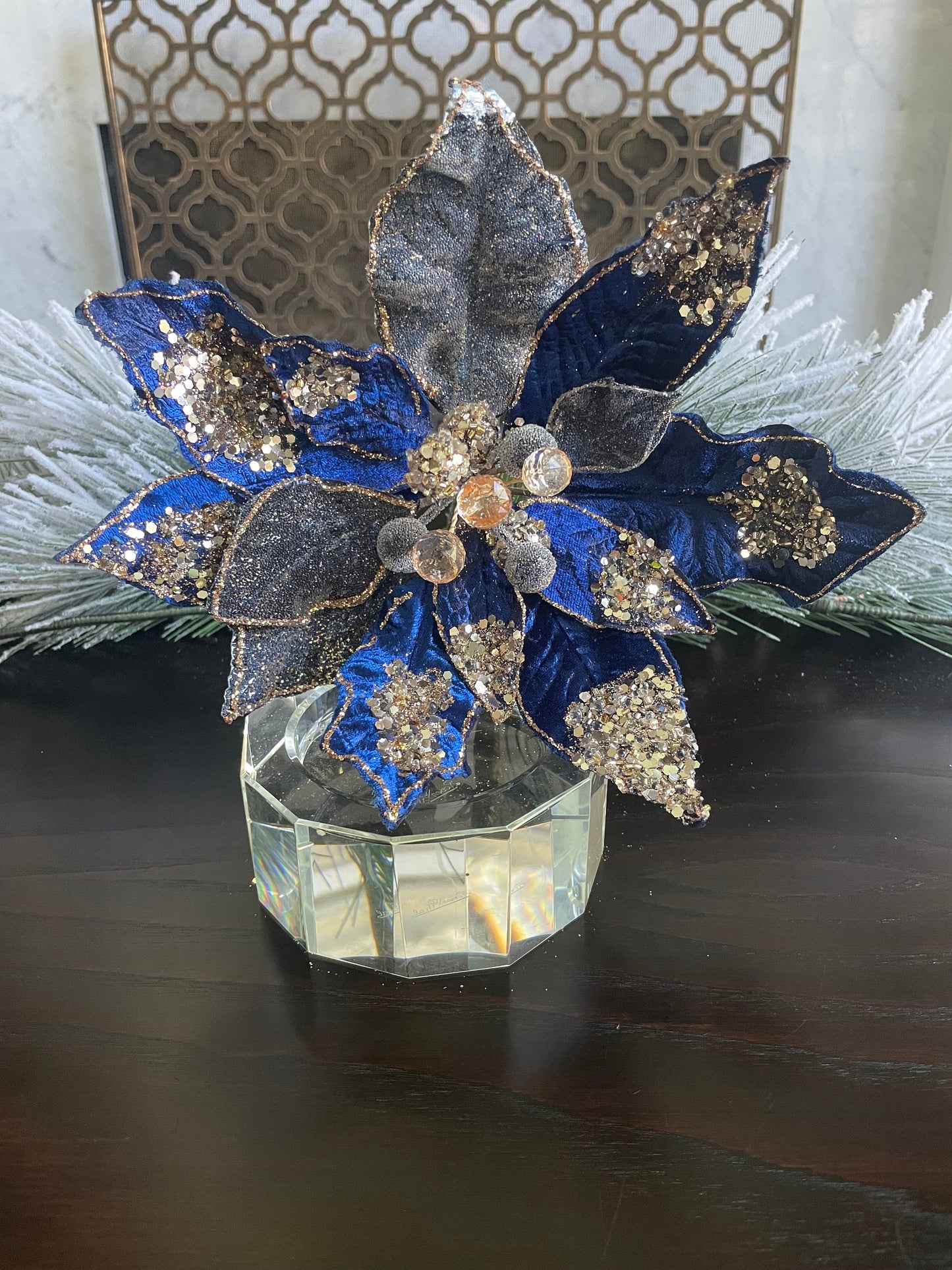 10” Poinsettia stem sapphire and rose gold glitter and beaded. 10” tip to tip.