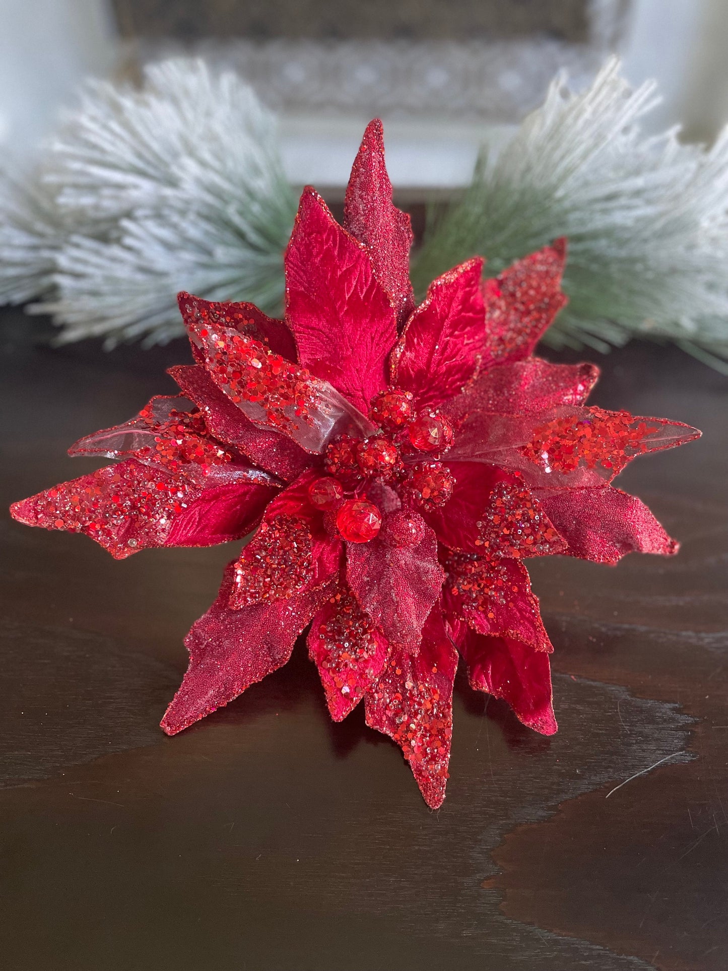 12” Poinsettia clip red beaded and glitter. 12” tip to tip.