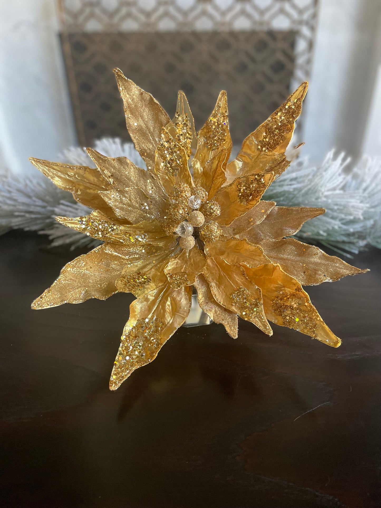 17” Large Poinsettia clip gold beaded and glitter. 17” tip to tip.