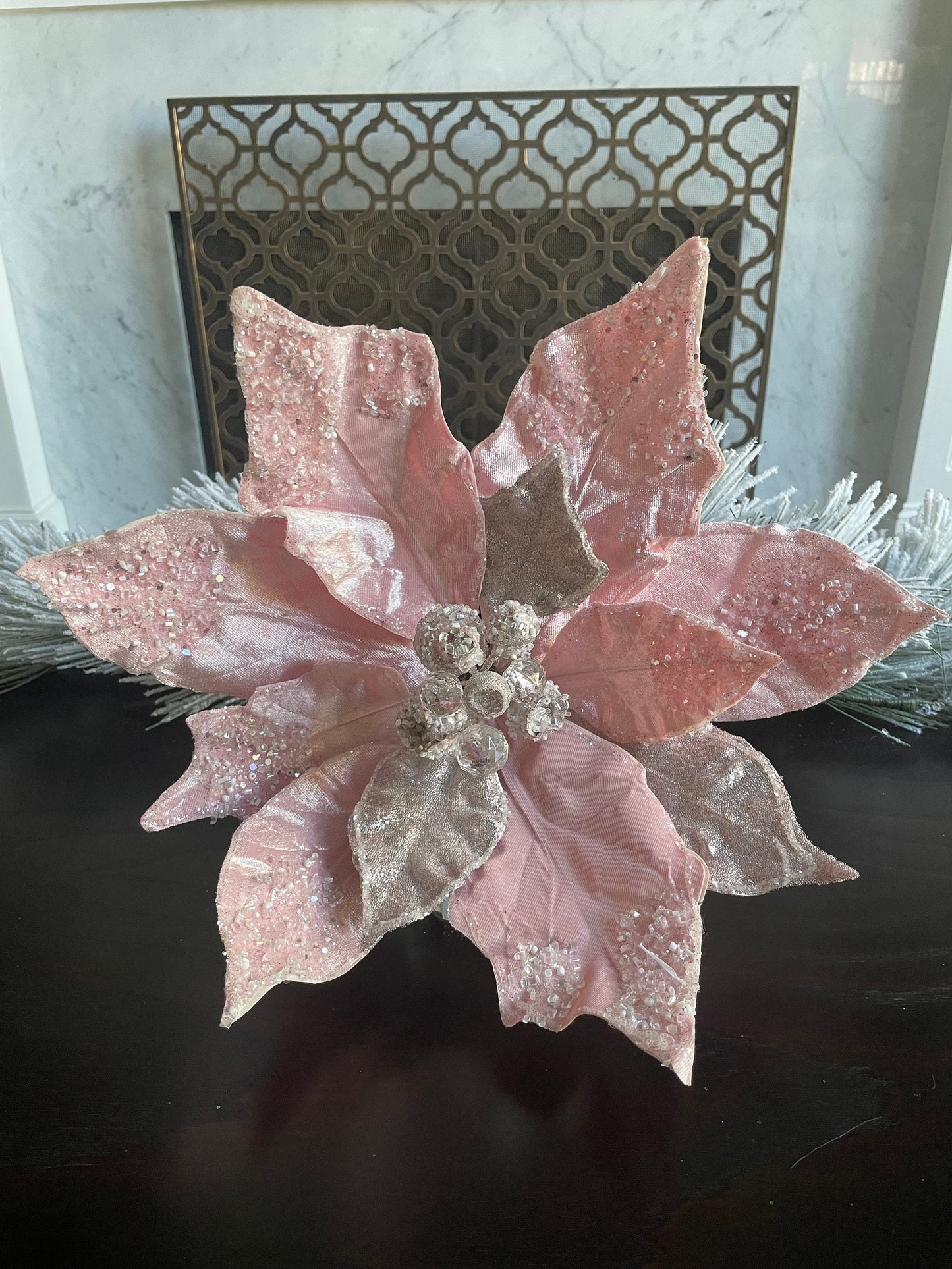 17.5”Extra large Poinsettia stem blush pink. Beaded and glitter. 17.5” tip to tip.