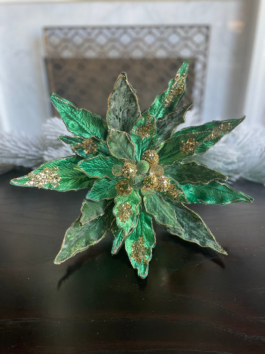 16” Large Clip Poinsettia emerald and gold glitter and beaded. 16” tip to tip.
