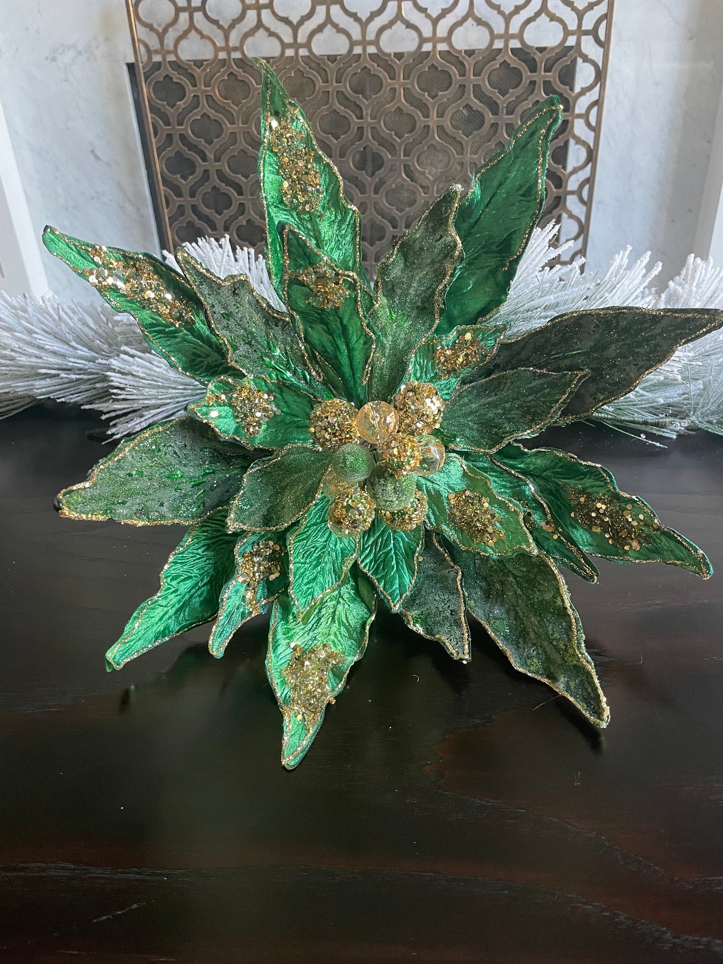 16” Large Clip Poinsettia emerald and gold glitter and beaded. 16” tip to tip.