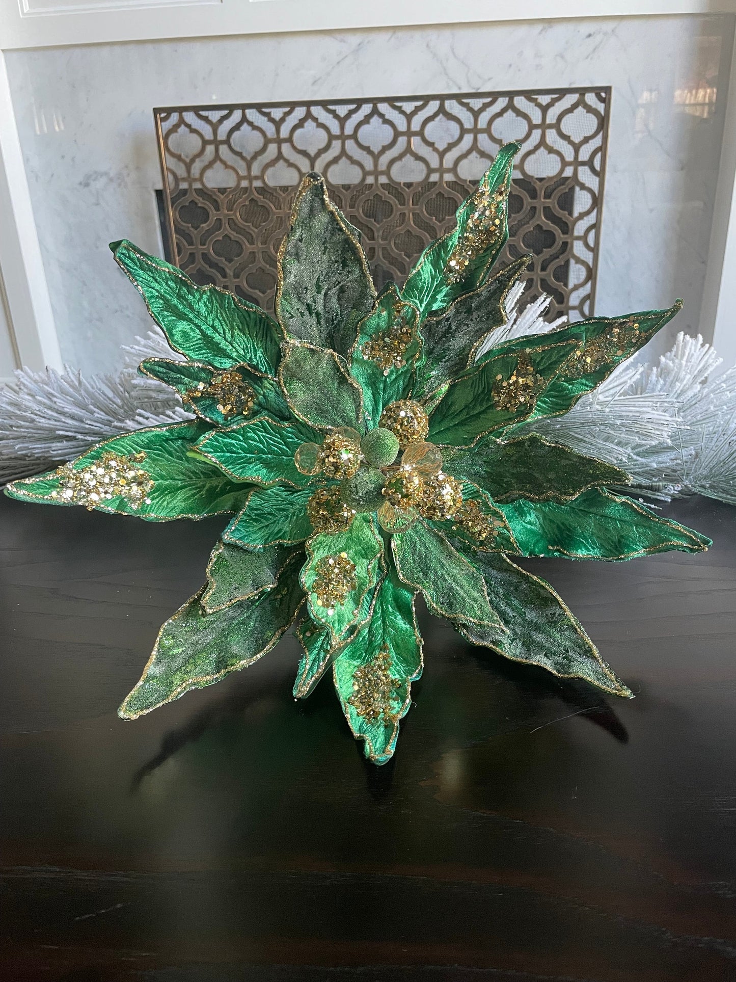 16” Large Clip Poinsettia emerald and gold glitter and beaded. 16” tip to tip.