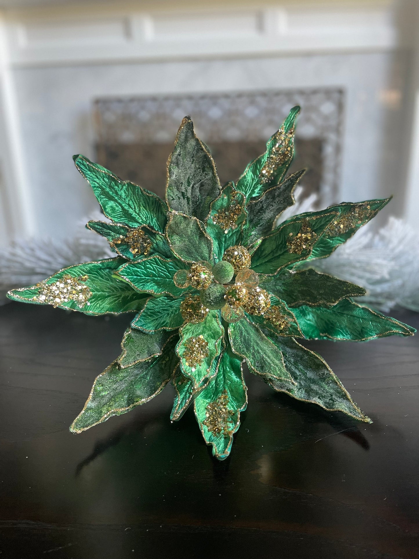 16” Large Clip Poinsettia emerald and gold glitter and beaded. 16” tip to tip.