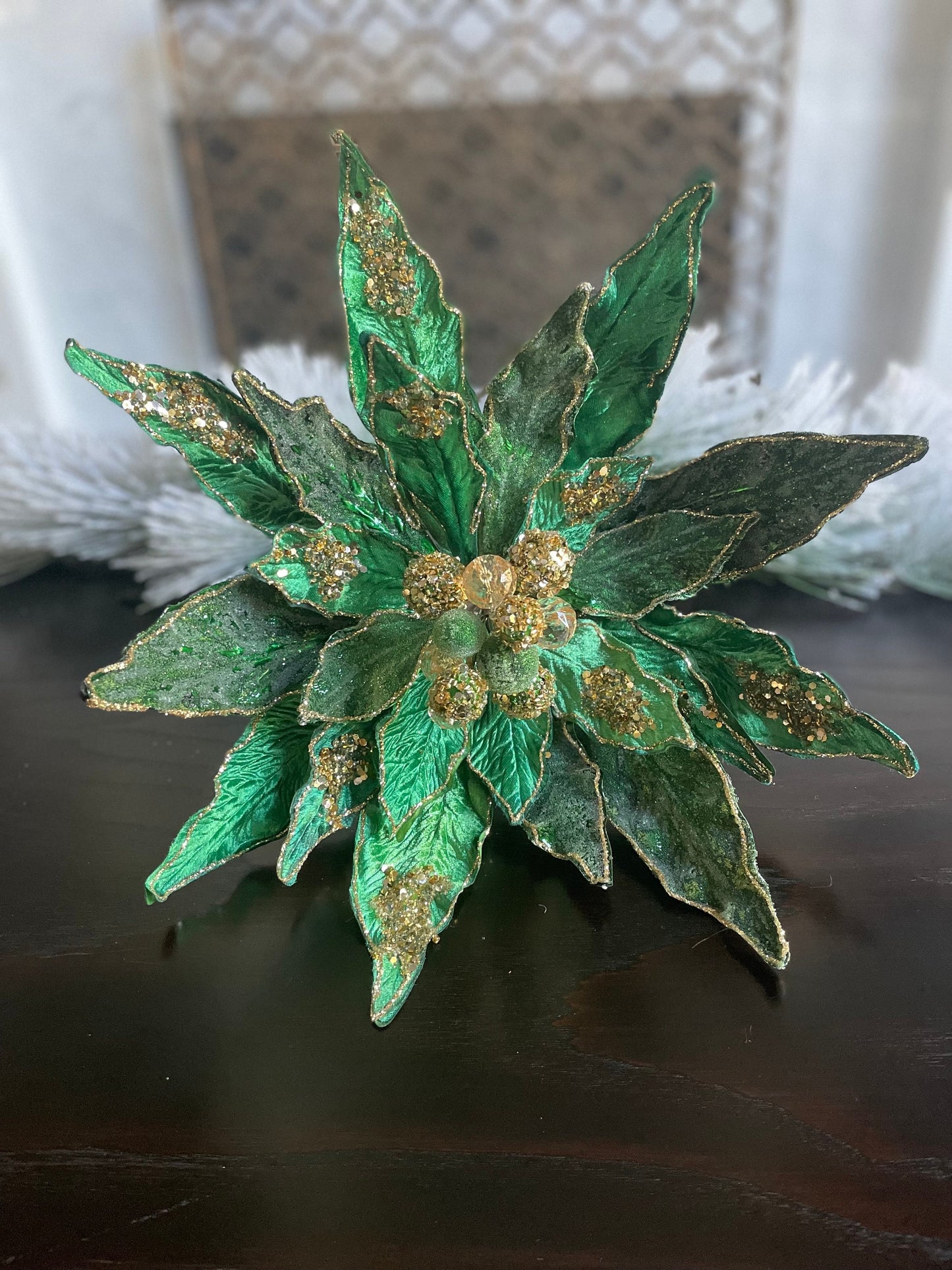 16” Large Clip Poinsettia emerald and gold glitter and beaded. 16” tip to tip.