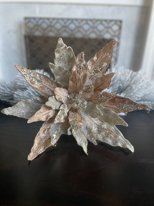 17” Large Poinsettia clip champagne beaded and glitter. 17” tip to tip.