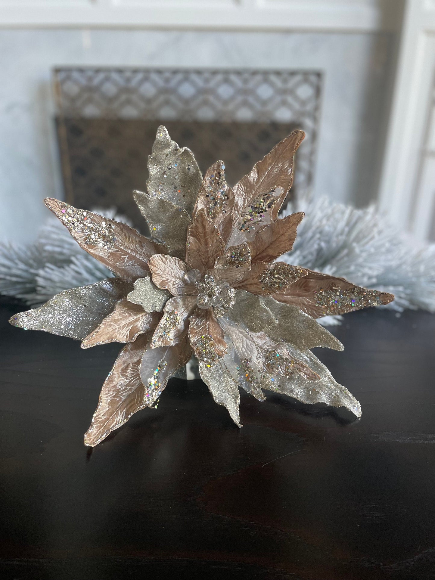 17” Large Poinsettia clip champagne beaded and glitter. 17” tip to tip.