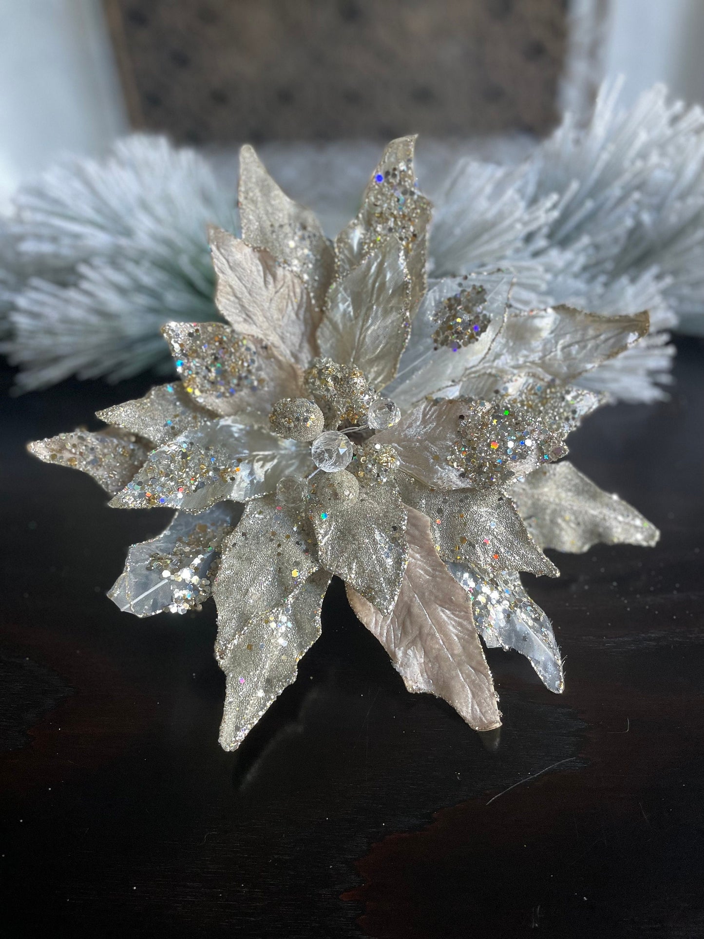 13” Poinsettia clip platinum beaded and glitter. 13” tip to tip.