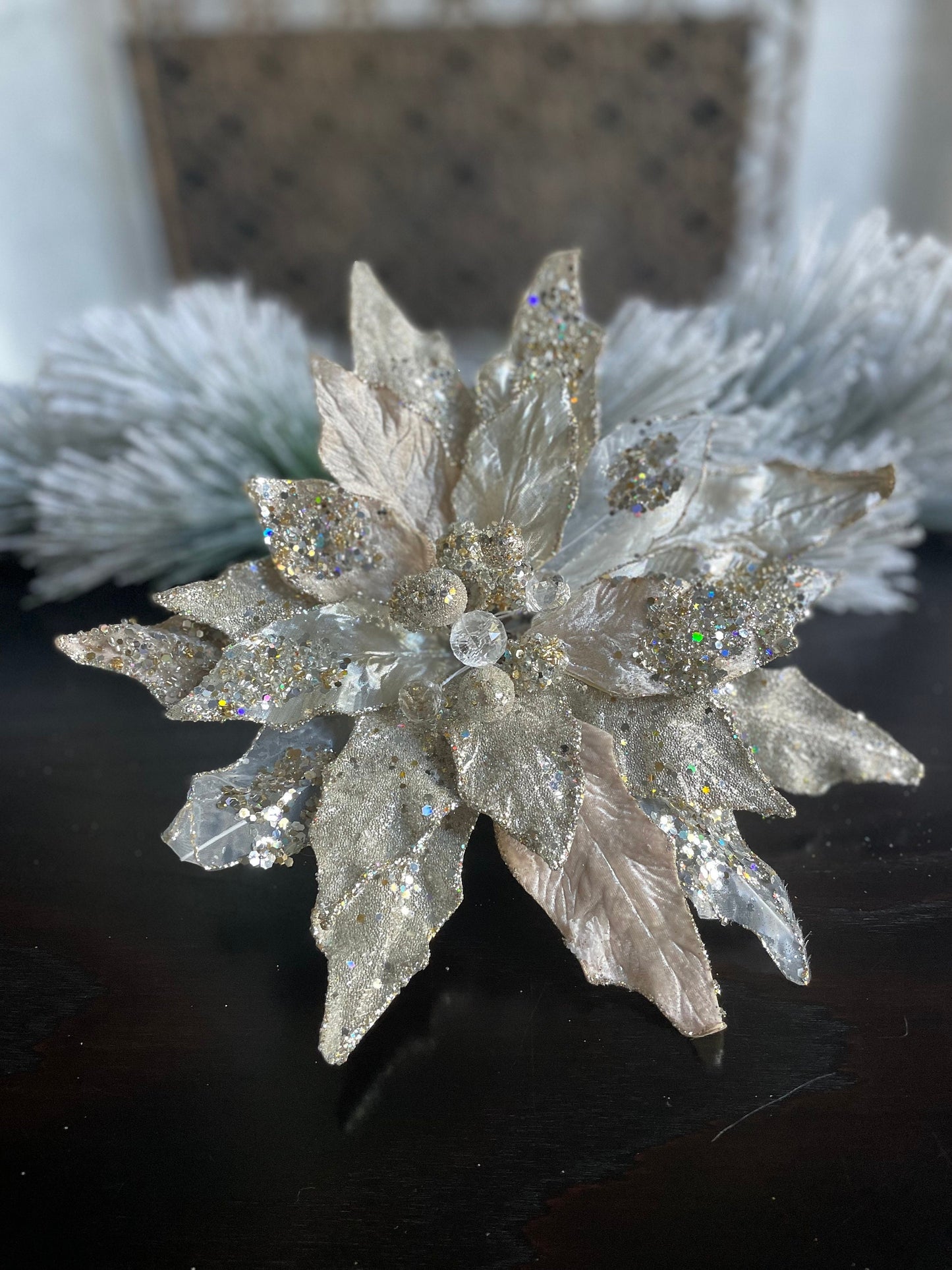 13” Poinsettia clip platinum beaded and glitter. 13” tip to tip.