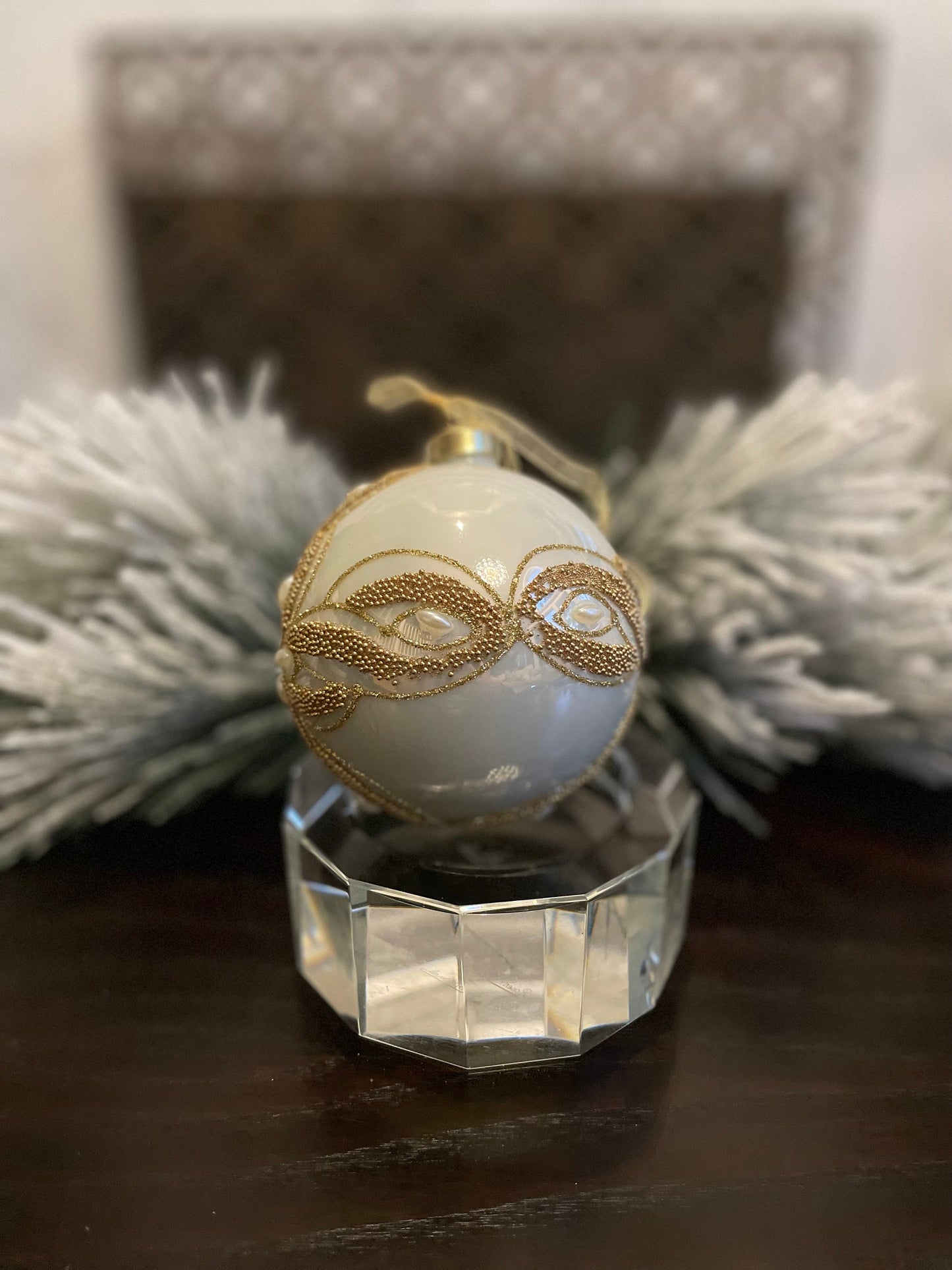 Set of 2. 4" glass ivory and gold embellished with pearls ornament ball.