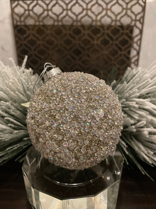 Set of 3. 4" mercury glass with ice ball ornament. Platinum.